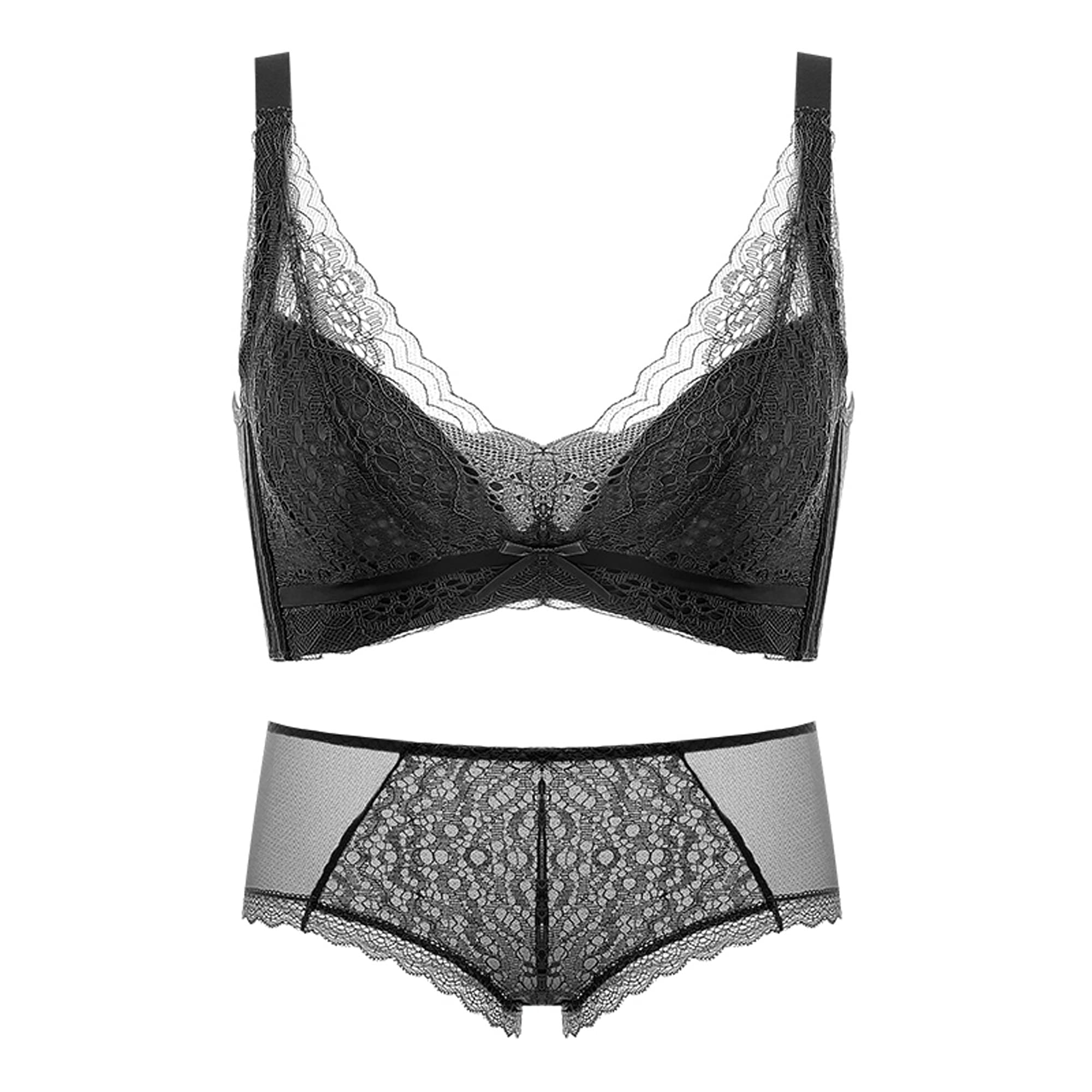 Soutien-gorge push up sans armatures grand confort avec sa culotte en dentelle noire assortie