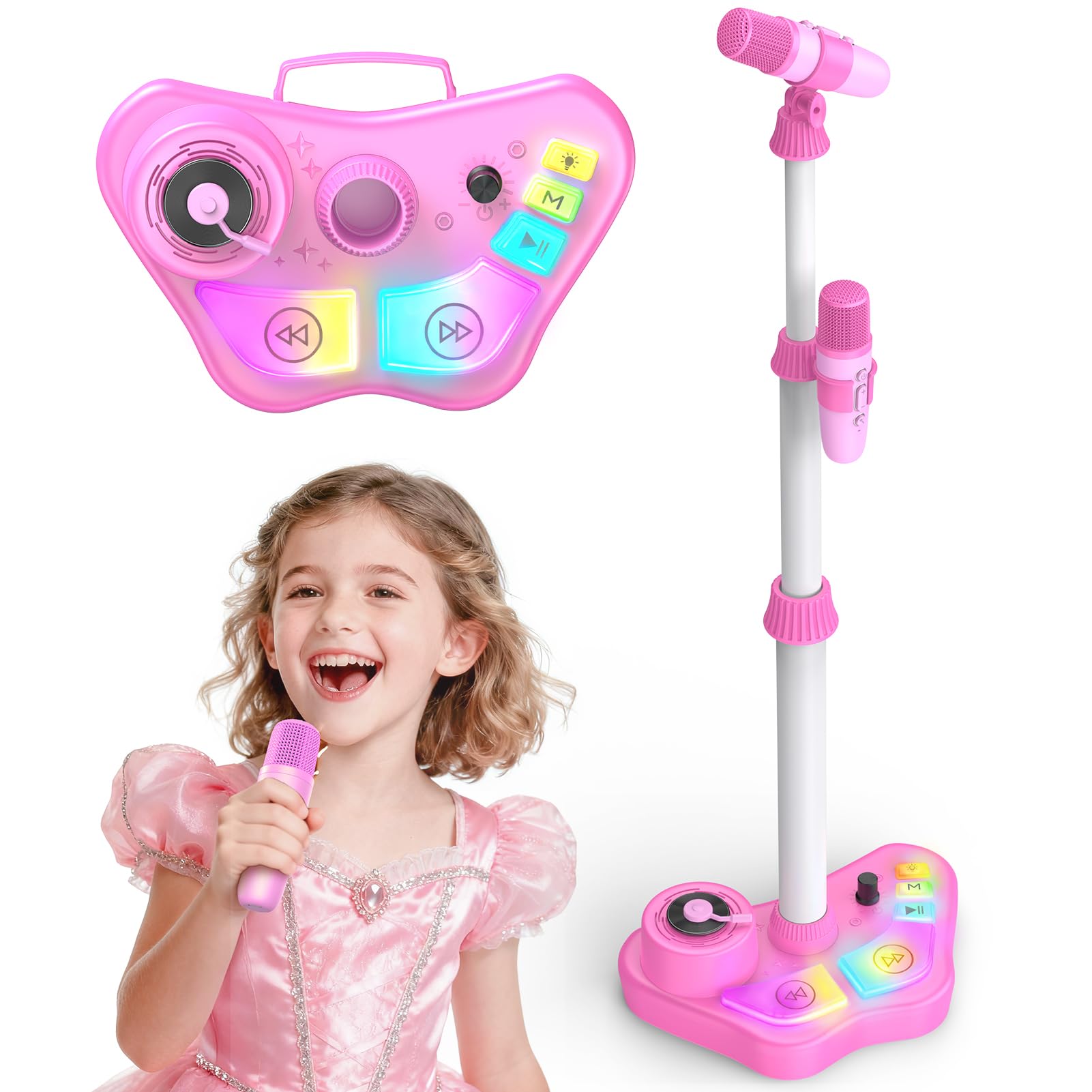 Dislocati Microfono Karaoke per Bambini con Supporto Regolabile, 2 Microfoni Wireless, Luci LED, Altezza Regolabile 40-98 cm, Regalo per Bambini 3+ Anni (Rosa)