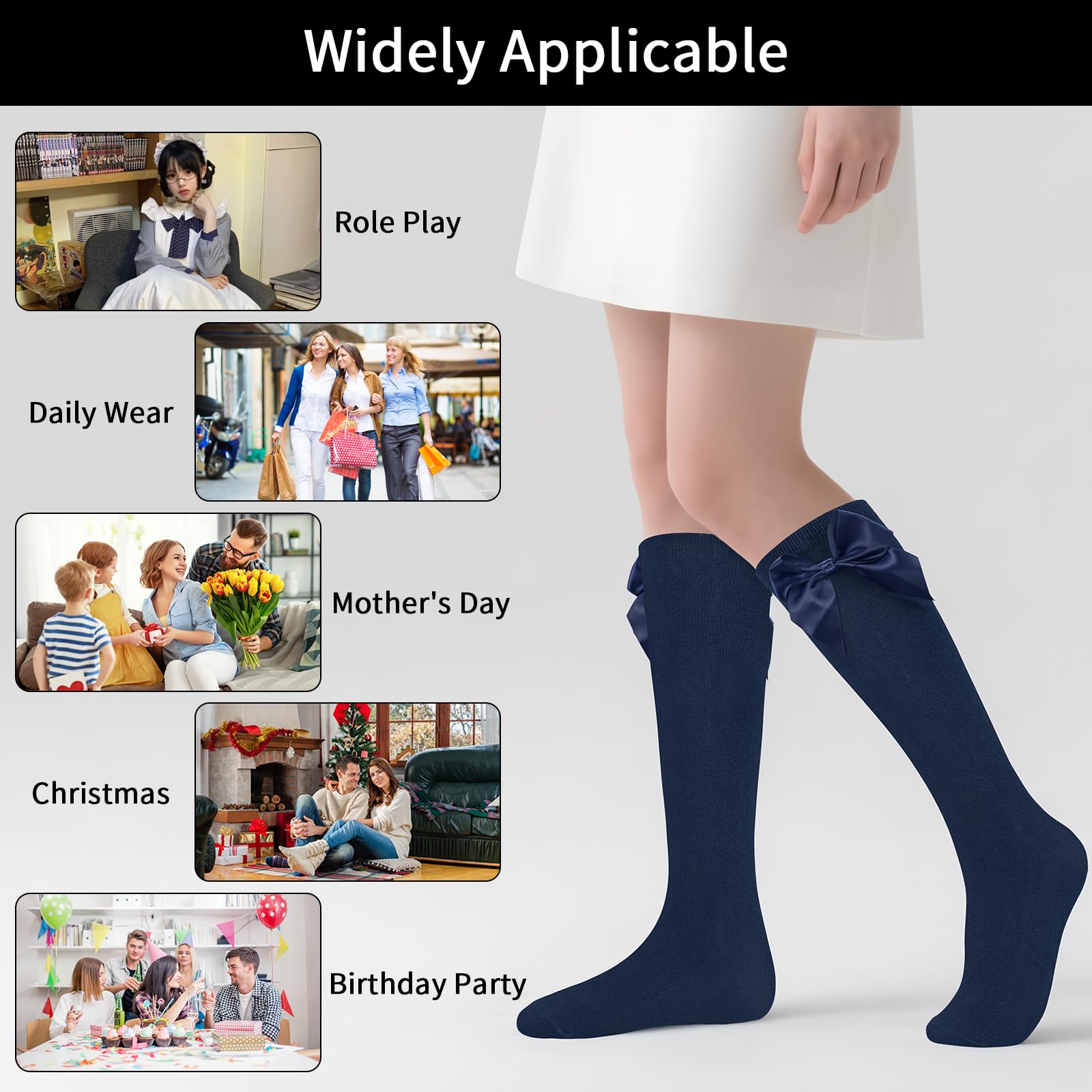 3 pares de calcetines hasta la rodilla para niñas con lazo de cintas esponjosas, calcetines largos de rodilla para la escuela secundaria