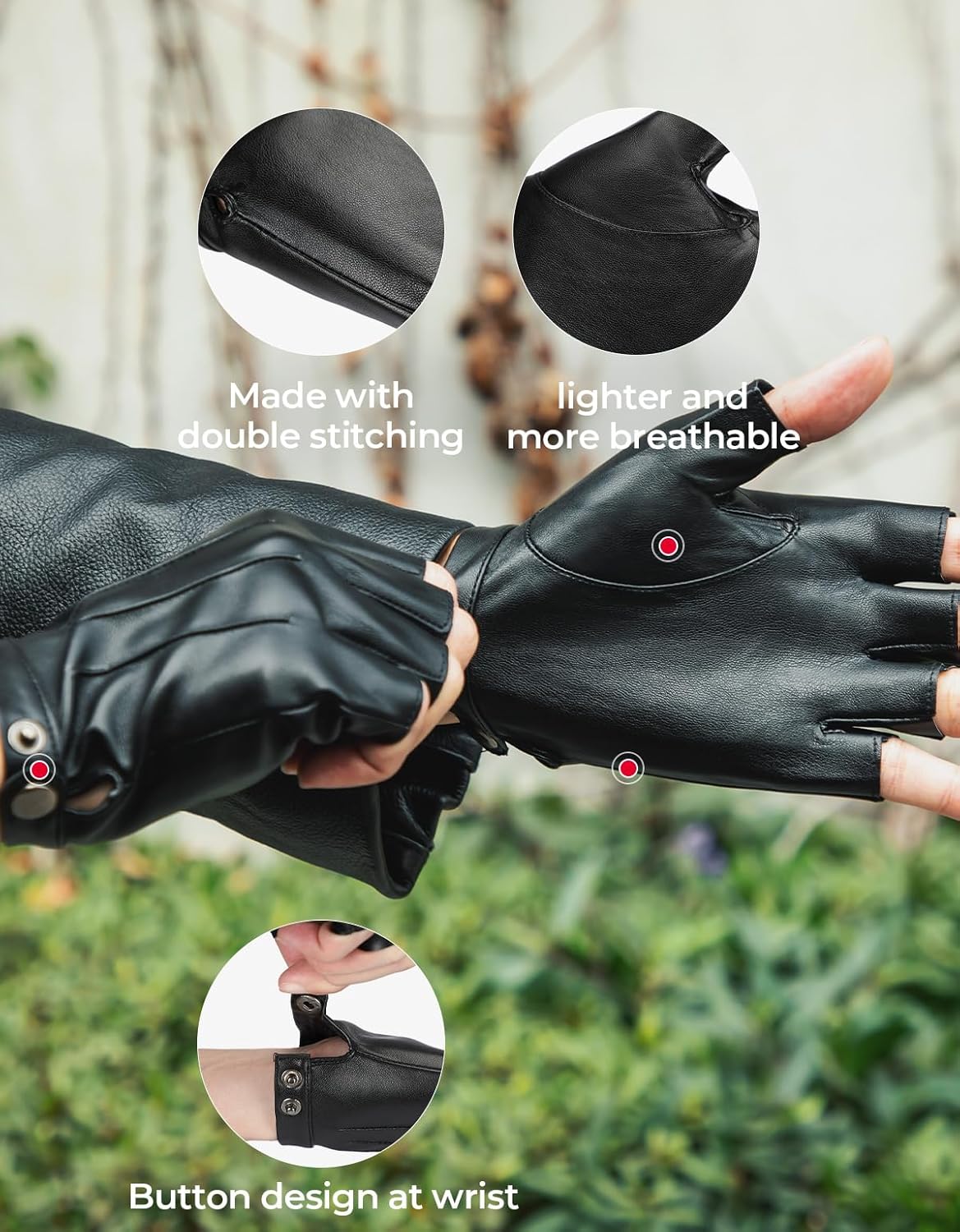 KEMIMOTO Fingerless Driving Gloves PU Faux Leather Outdoor Sport Black Half Finger Glove for Men Women Teens, Black - Image 2