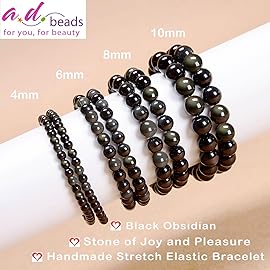 AD Beads Handmade Gemstone Stretch Elastic Bracelet Crystal Healing Reiki Nature\'s Beauty and Spiritual Essence Unisex (10mm, Black Obsidian (Pleasure))