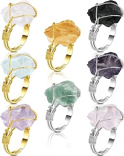 Sureio 8-Pack Adjustable Chakra Healing Crystal Rings for Women - Copper Wire Wrapped Colorful Gemstone Jewelry in Silver & Gold