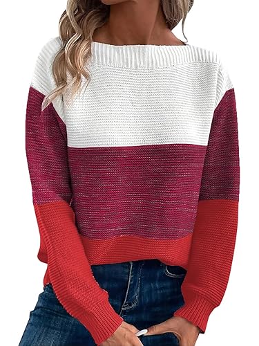 Womens Long Sleeve Crew Neck Color Block Fall Fashion Knitted