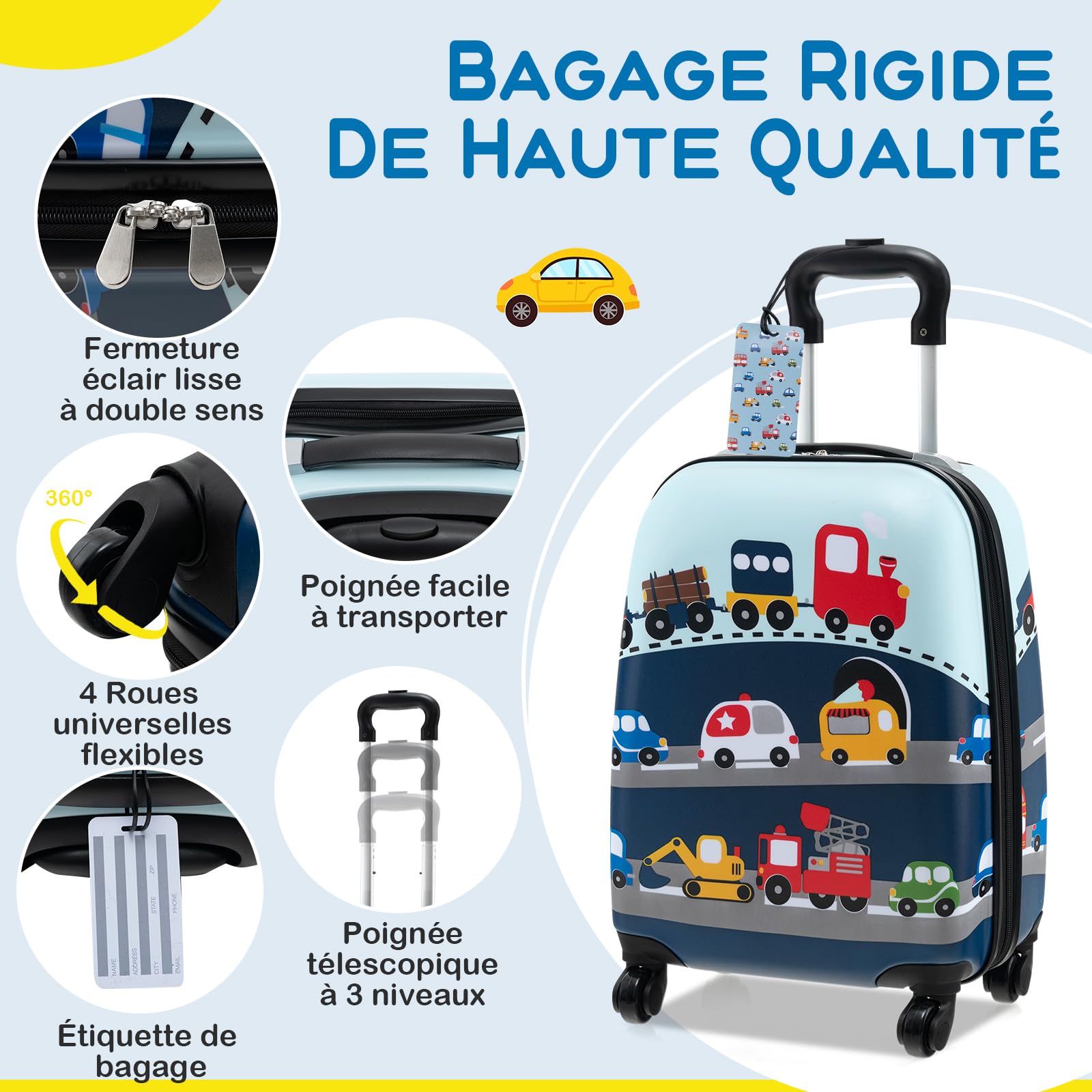 GOPLUS Valise Enfant 5 Pièces, Bagage à Main Rigide de 38cm, Sac à Dos de 33cm, Oreiller Cervical, Sac à Déjeuner Isolé, 3 Hauteur Réglable, Bagage à roulettes pour Garçon Fille 3+ Ans (Bleu)