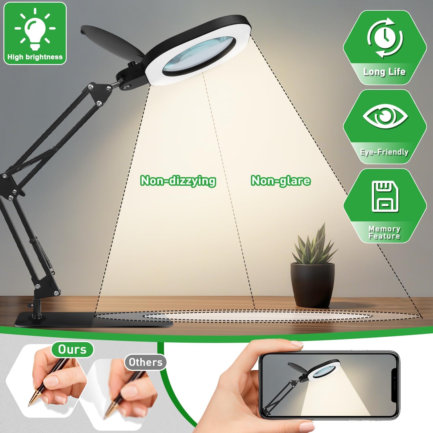 15X Real Glass Magnifying Lamp, 3-in-1 LED Desk Lamp with Base Clamp & Floor Stand, 5 Color Modes Stepless Dimmable, Adjustable Swing Arm, for Mom Sewing Reading Repair