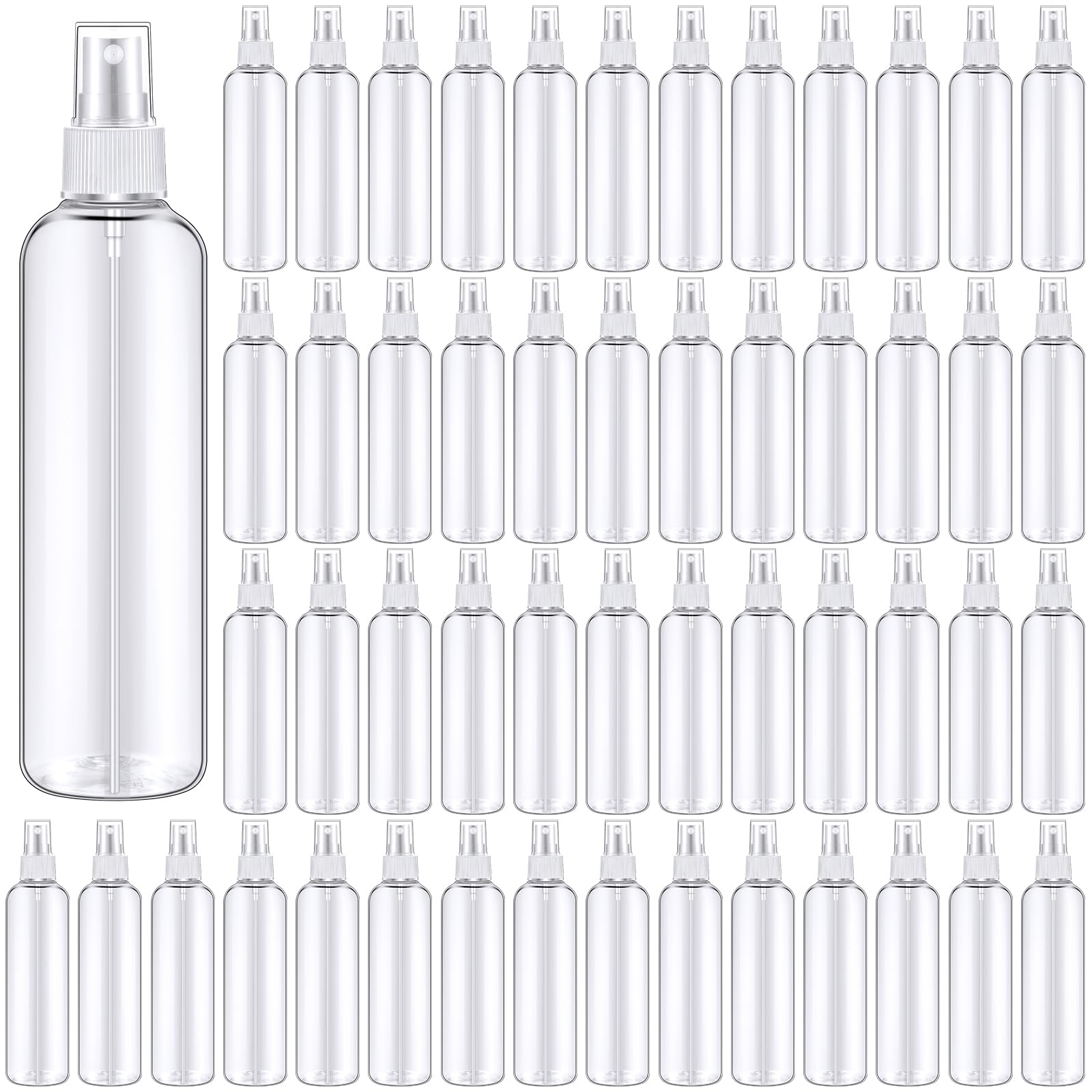 Eccliy 64 botellas de spray de plástico de 8 onzas de niebla fina, rellenables, transparentes, vacías, pulverizadoras con tapa de pulverización para aceites esenciales, perfumes de viaje (blanco)