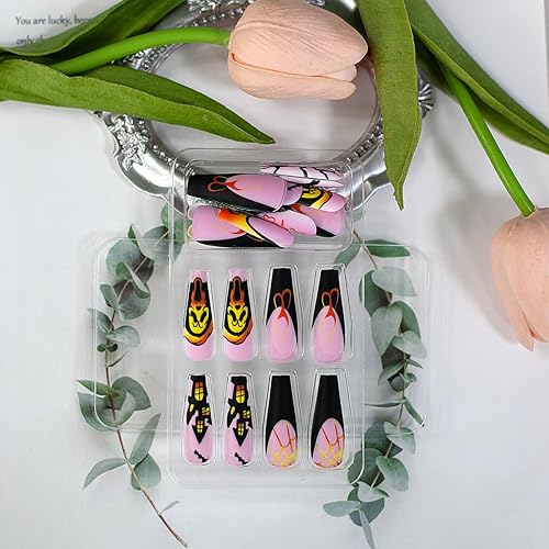 Miniatura 5 de Uñas largas a presión para Halloween, uñas postizas de ataúd rosa, uñas adhesivas con diseño de casa fantasma, uñas postizas de murciélago, uñas