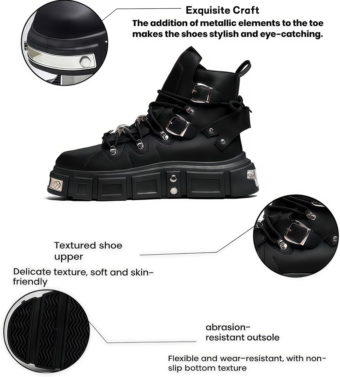 Men's Gothic Leather Motorcycle Chunky Platform Boots Lace Up Round Toe High Top Metal Buckle Non-Slip Lightweight Punk Fashion Sneakers for Streetwear Night Out Party Riding Daily Comfort - Image 4