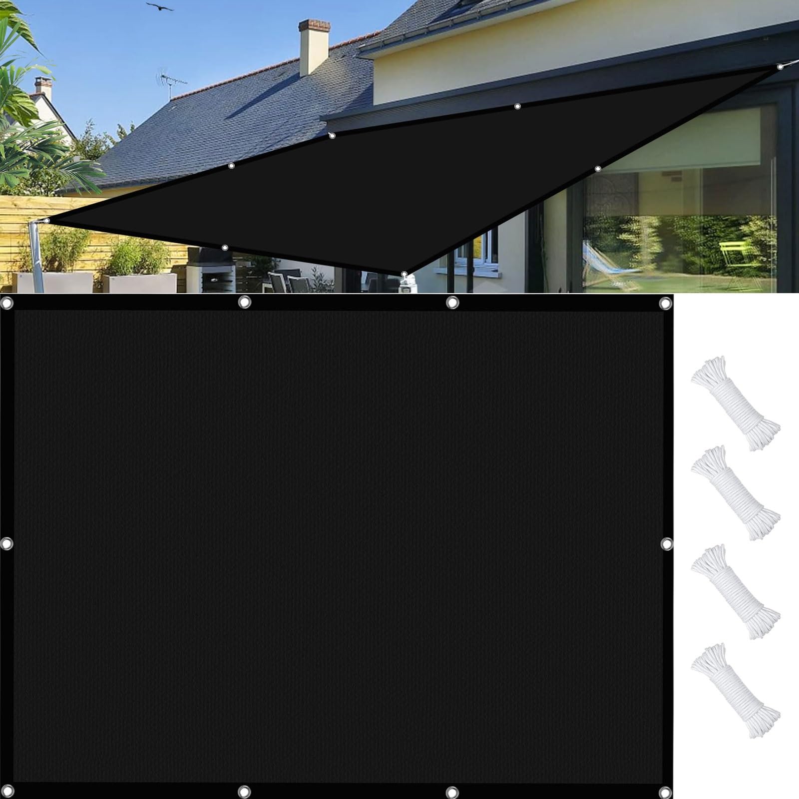 Voile d'ombrage contre la chaleur et la pluie 6 x 6 m étanche noir avec corde