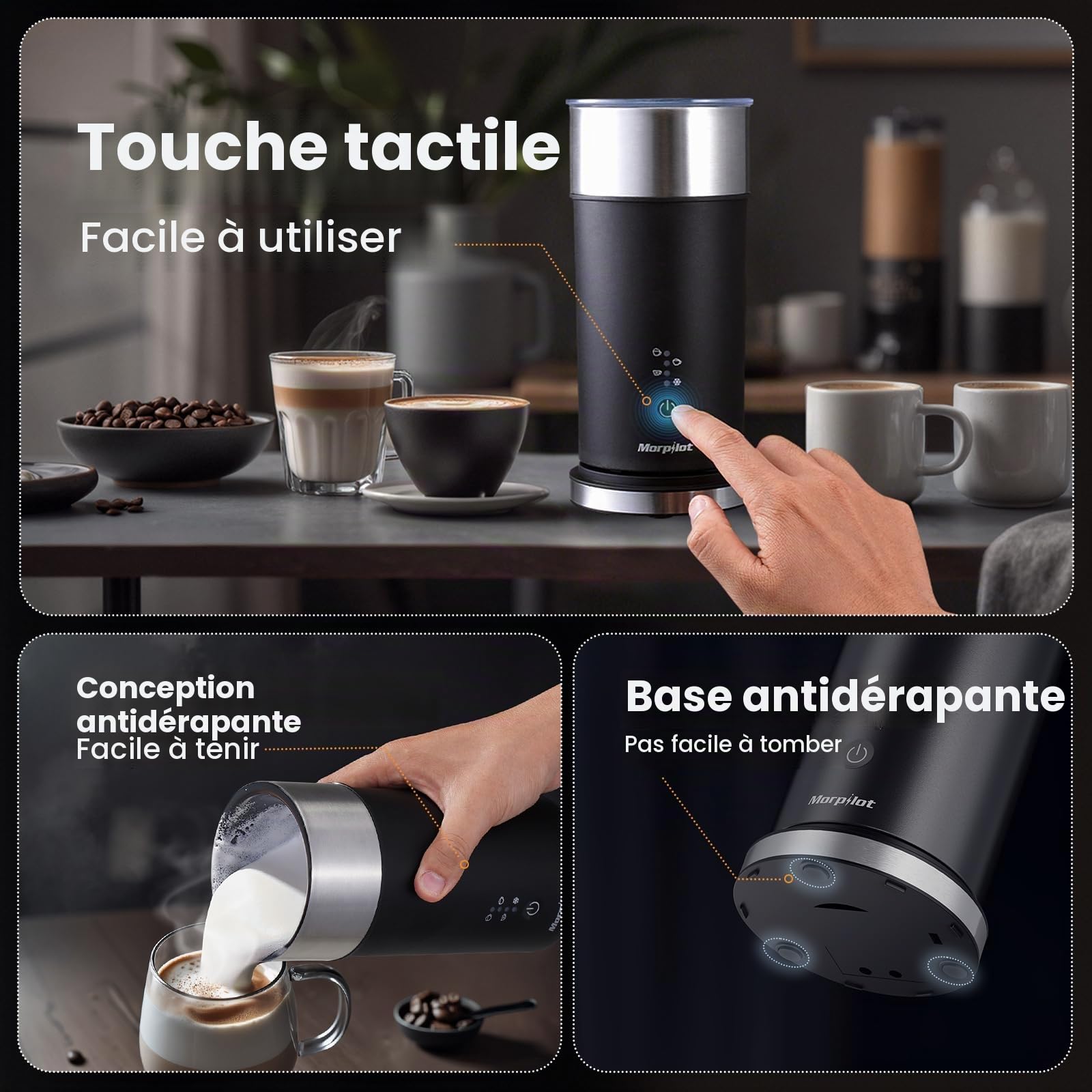 Morpilot Mousseur à Lait Electrique 4 EN 1, 80-240ml 400W Emulsionneur à Lait pour Mousse Chaude et Froide, Chauffe-lait avec Revêtement Antiadhésif en Acier Inox pour Macchiato Cappuccino Latte