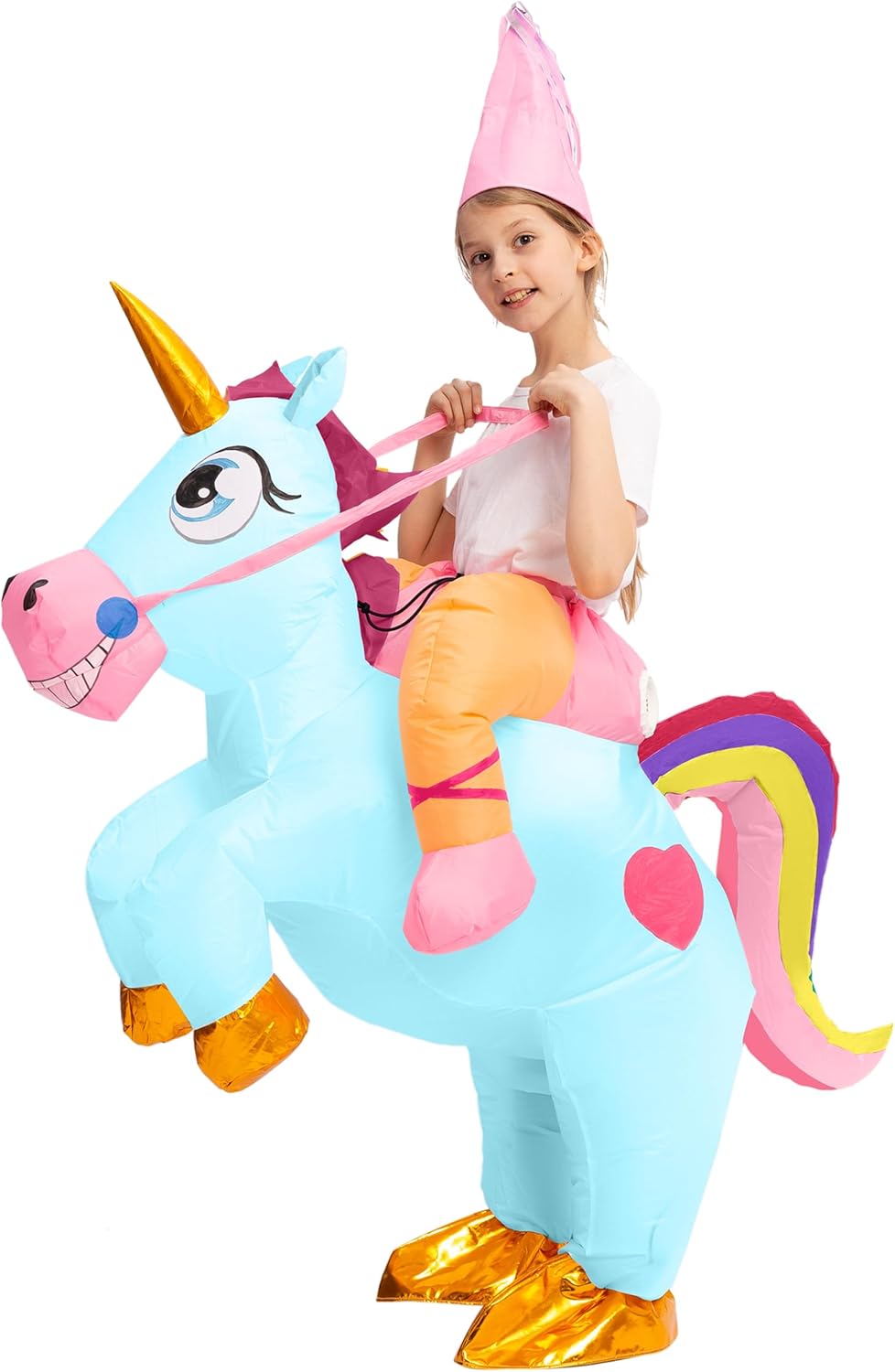 Spooktacular Creations Kids Inflatable Halloween Costume, Riding a Unicorn, Colorful Air Blow-up Set with Hat Hallowen Party Blue Medium