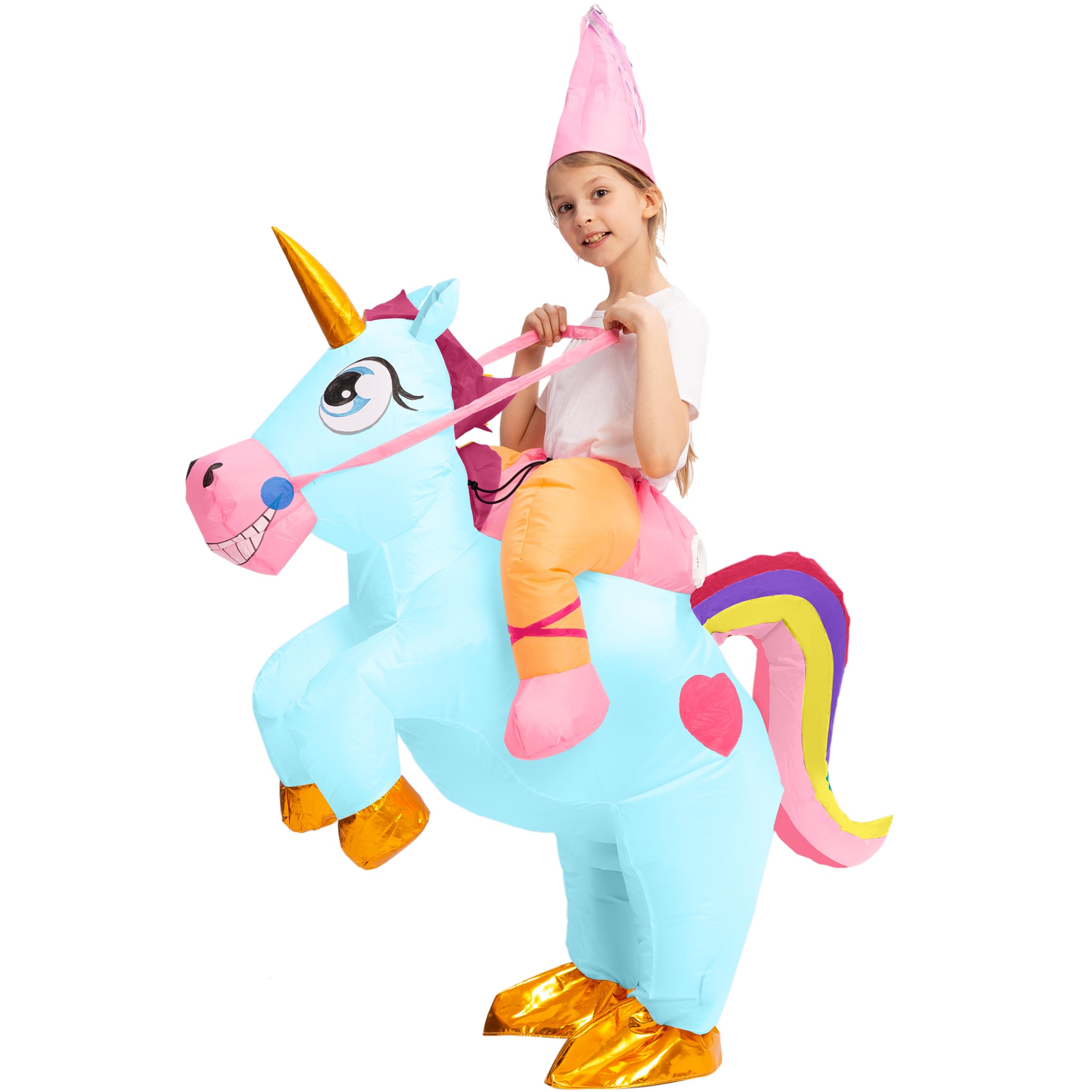 Spooktacular Creations Kids Halloween Inflatable Costumes, Riding a Unicorn, Ride-on Air Blow-up Deluxe Set with Hat