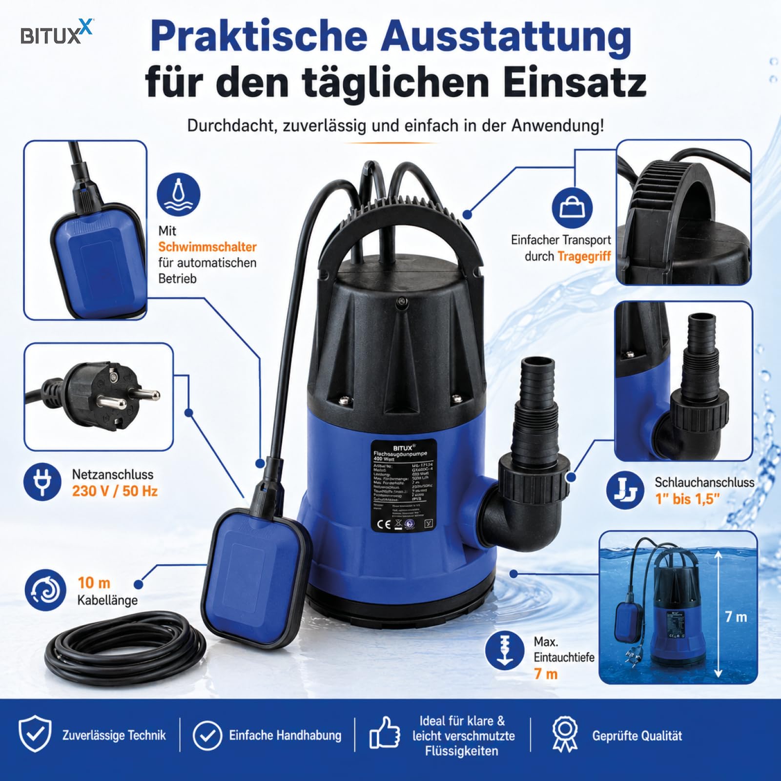 BITUXX® Flachsaugende 400W Schmutzwasser Tauchpumpe für Brunnen Zisterne Bewässern Garten Regentonne Bis 5000 Liter/h 1,0-1,5 Zoll Förderhöhe 7 Meter