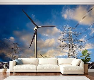 Wall Mural Peel and Stick Solar Panels Wind turbines Electricity Pylon Sunset Wallpaper Self Adhesive Removable Large Wall Stickers Home Decor for Living Room Bedroom 100"x144"