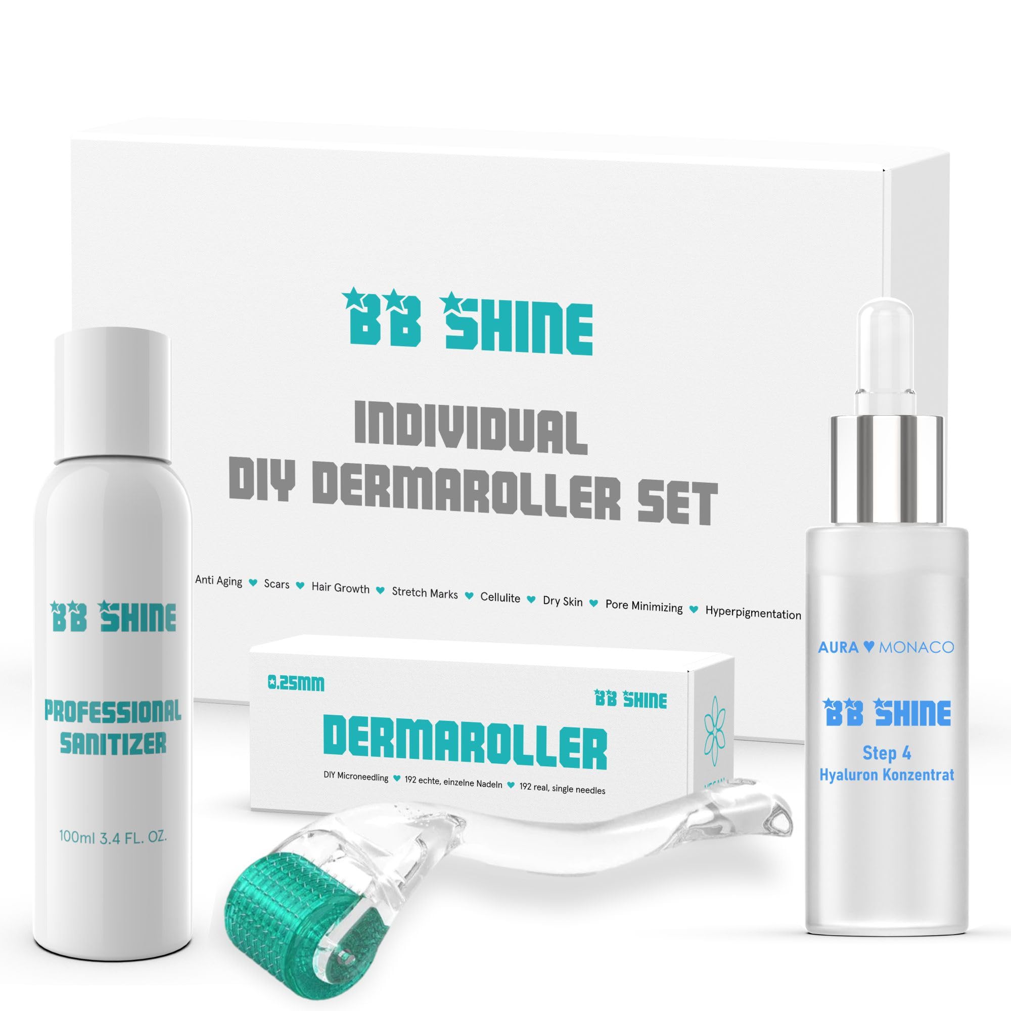 AURA Monaco | Dermaroller Hyaluronsäure-Set – Microneedling-Kit mit echter Nadelrolle, 50 ml Hyaluronsäure-Serum und 100 ml Desinfektionsmittel – Anti-Aging-Gesichtspflege für alle Hauttypen