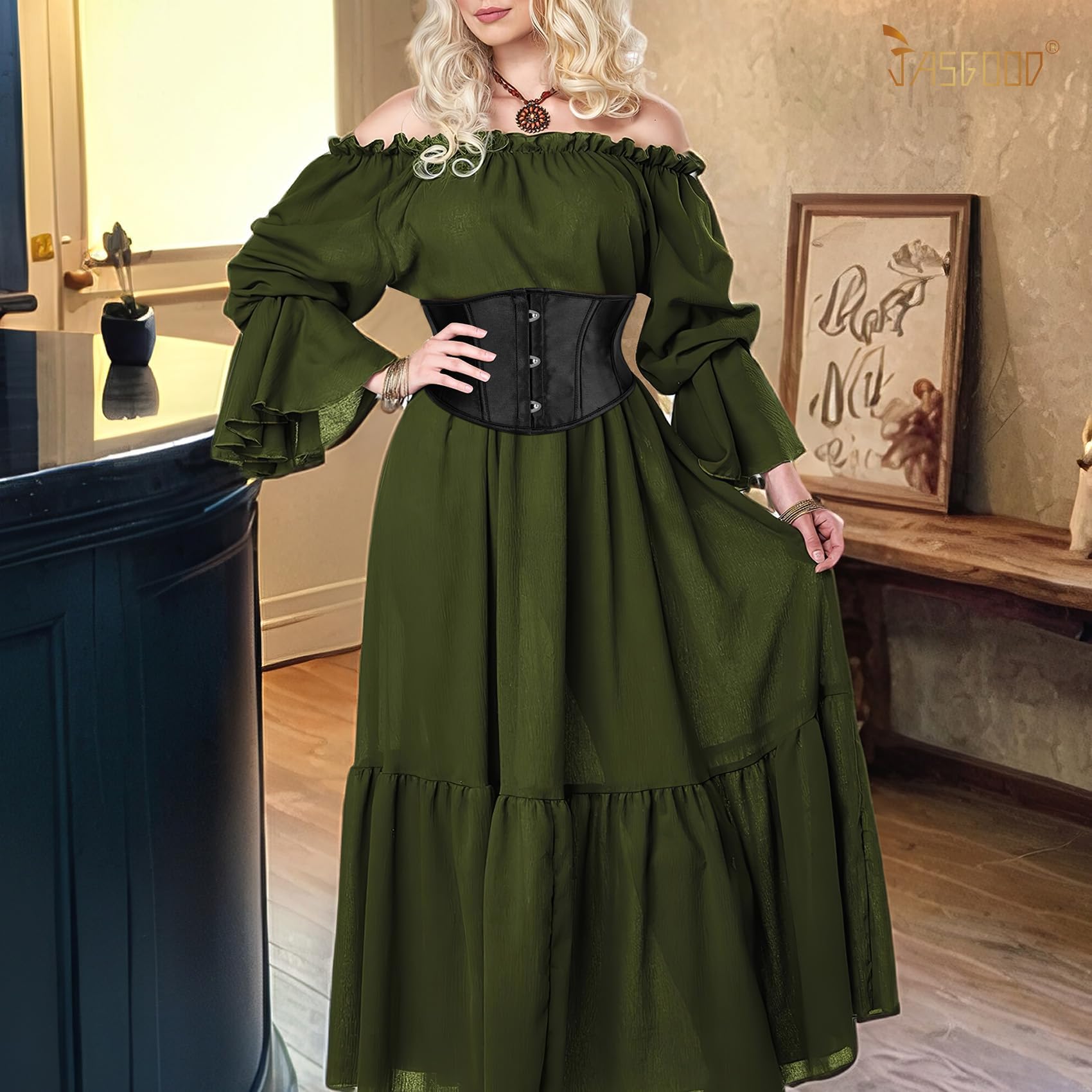 JasGood Damski gorset pasek Underbust Boned Lace Up Waspie pasek renesansowy Steampunk Pirate Halloween Cosplay gorset