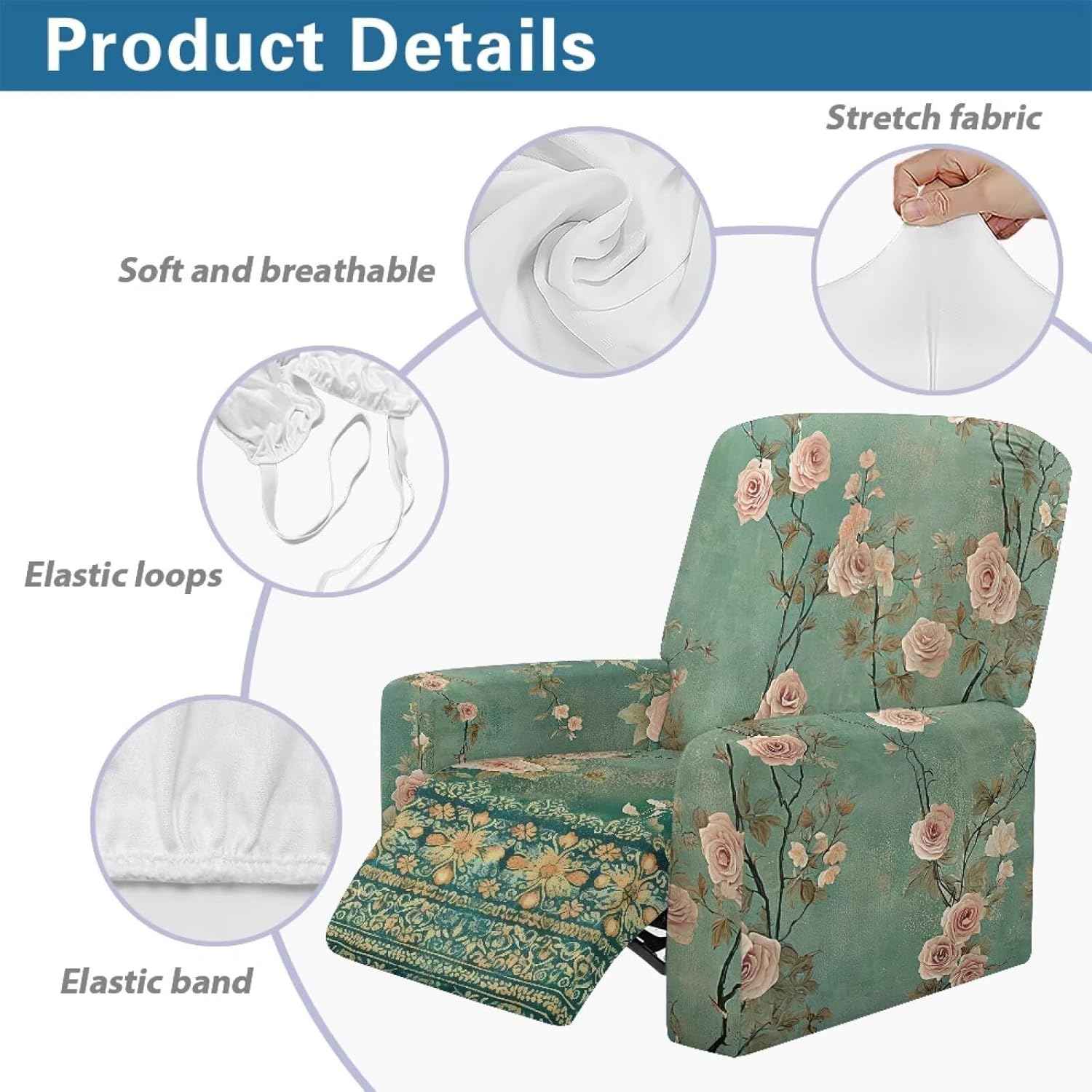 FOR U DESIGNS Floral Green Retro Recliner Covers 4-Piece Set Chew Resistant Furniture Protector Stretchy Sofa Slipcover Stay in Place Washable with Side Pockets
