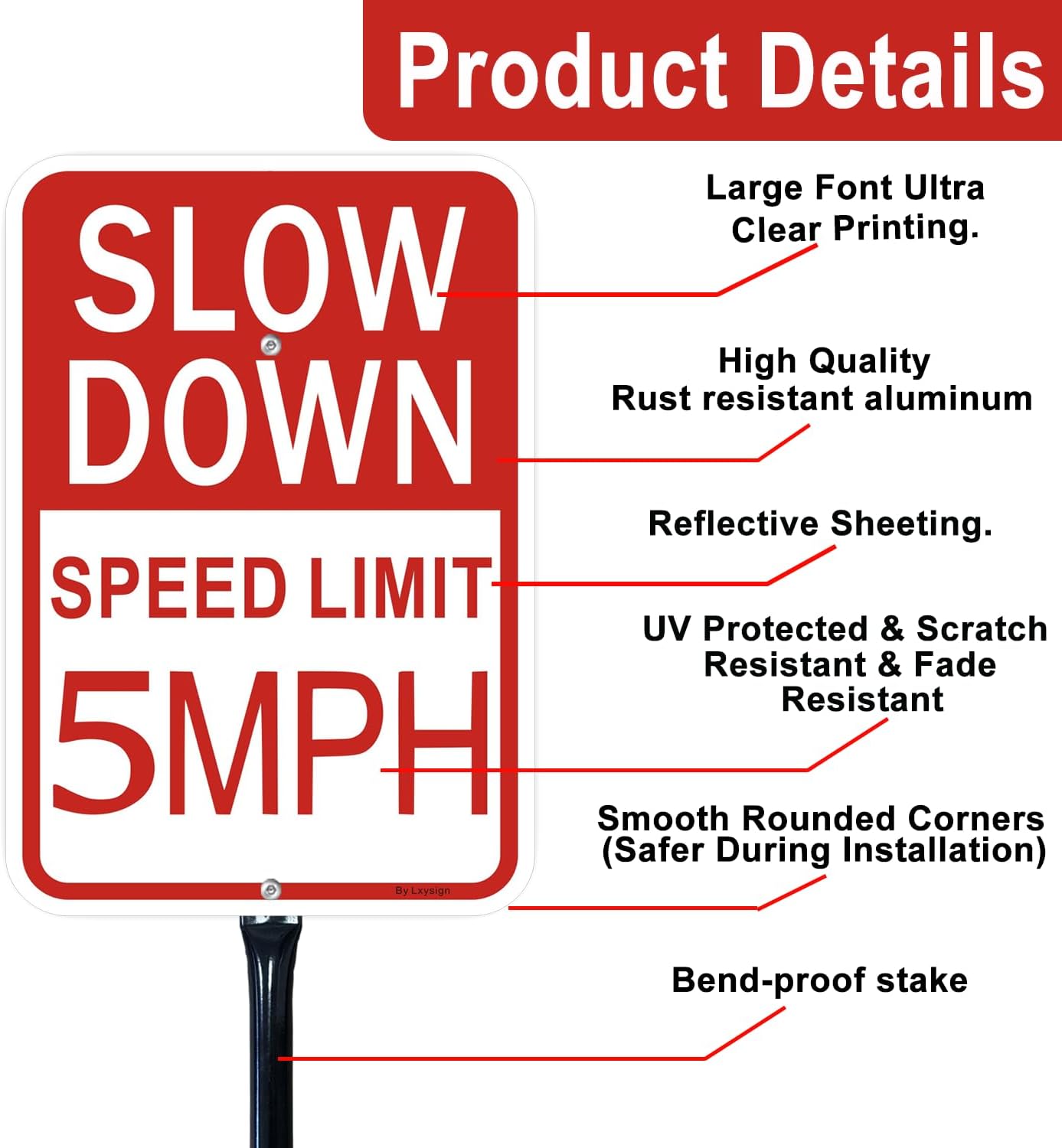 1 Pack Slow Down Sign, Speed Limit 5 MPH Sign with Stake, with 36 Inches Metal Stakes, 14x10 Inches Reflective Aluminum, Fade Resistant