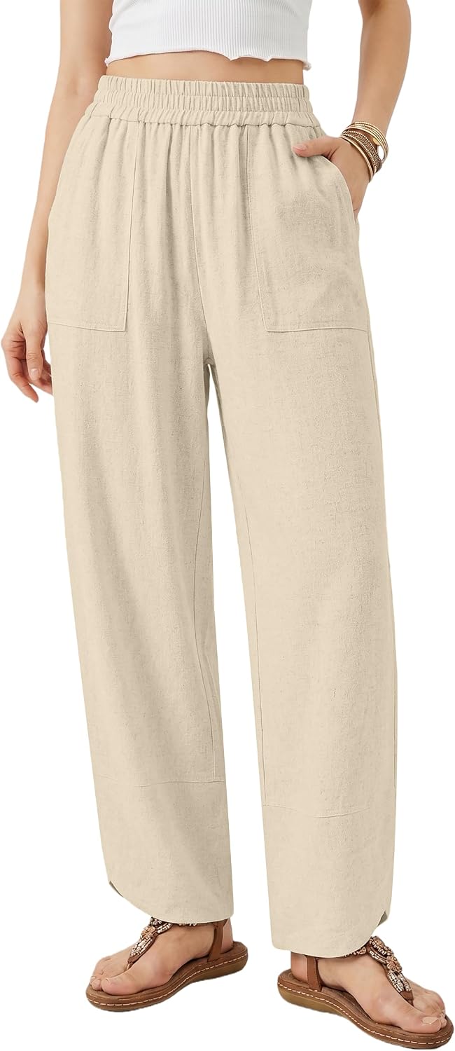 Womens Baggy Wide Leg Linen Pants Casual Elastic Waisted Palazzo Harem Pants Flowy Cropped Beach Trousers