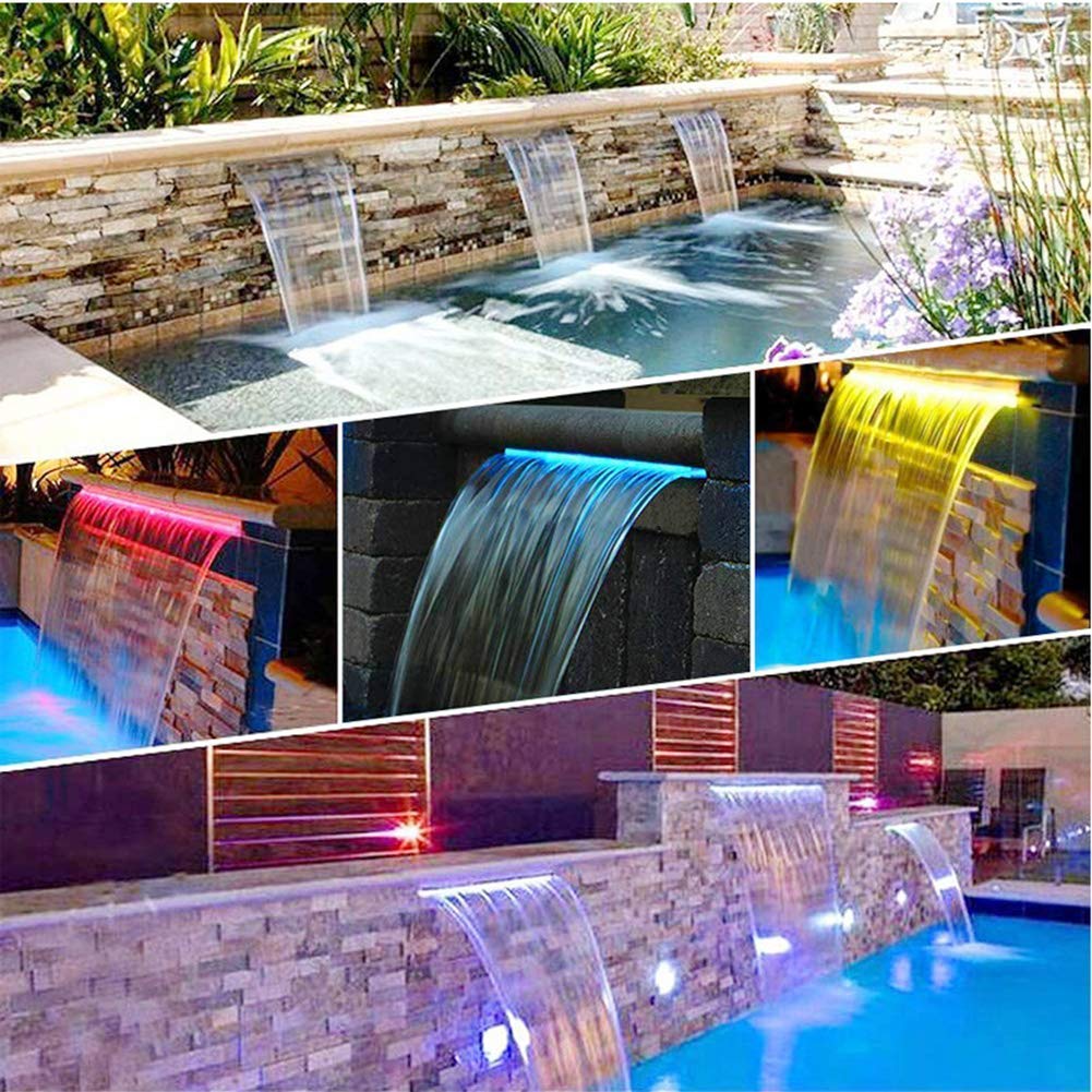 Fontana per Piscina in Acciaio Inox, Cascata per Piscina, con Striscia Luminosa a LED, Cascata con Canale di Scarico Rettangolare, per Acquario, Giardino, Esterno, irrigatore