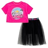 Barbie Girls Boxy Drop Shoulder T-Shirt and Mesh Tulle Skort Toddler to Big Kid Sizes (2T - 14-16)