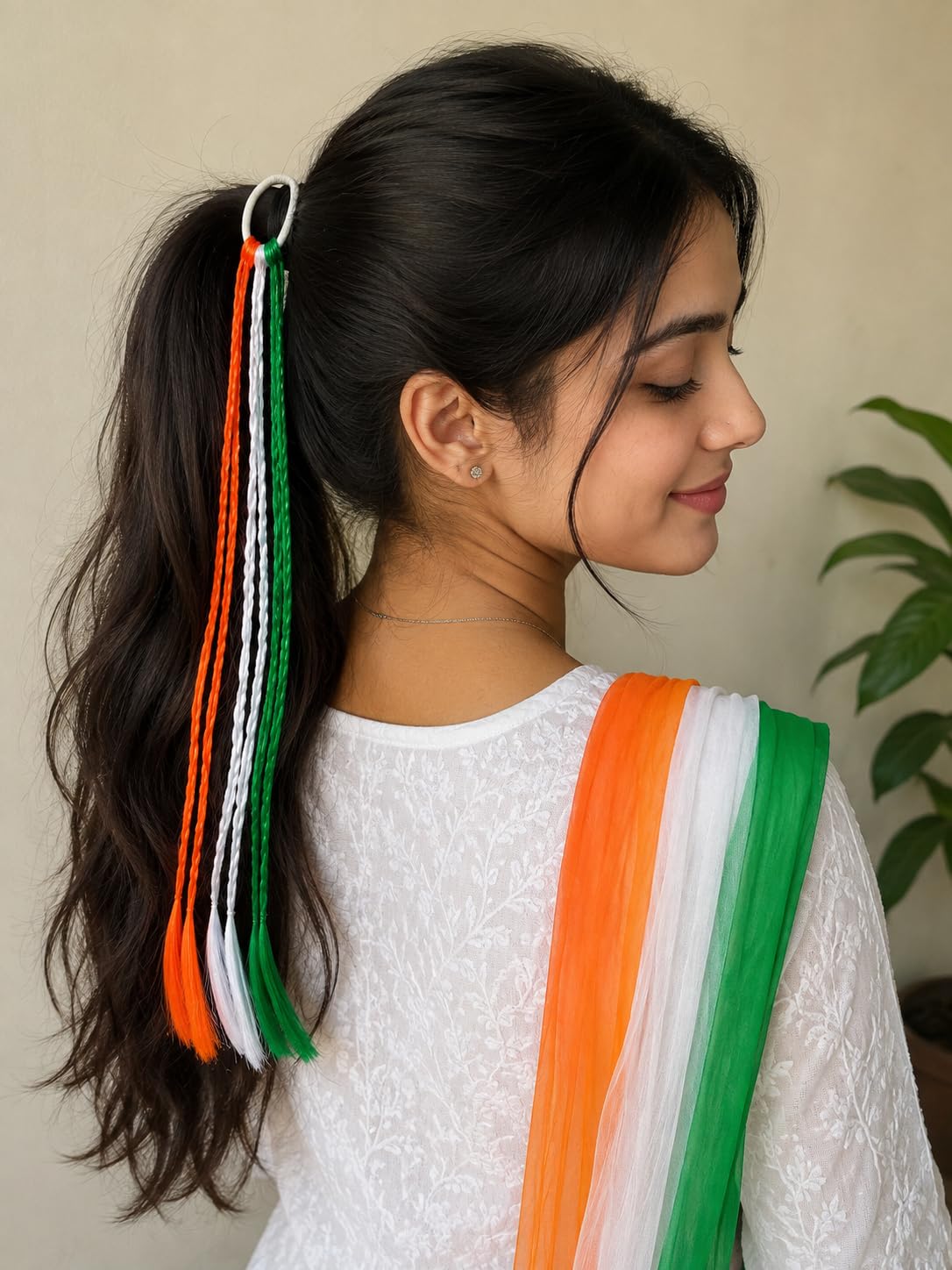 1 Pair Tricolor Boho Hair Extension for Girls & Women | Orange White Green Braided Accessory | Independence Day & Republic Day Decoration | Elastic Loop Hair Tie-picture-55