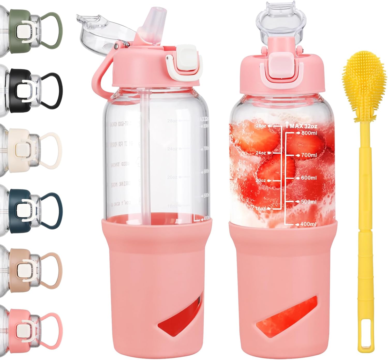 SIEROZUR 32 oz Glass Tumbler with Straw, Glass Water Bottles with 2 Lids-Handle Spout Lid & Straw Lid, 1 Liter Motivational Water Bottles, Silicone Sleeve, Fits Car Cup Holder,Pink