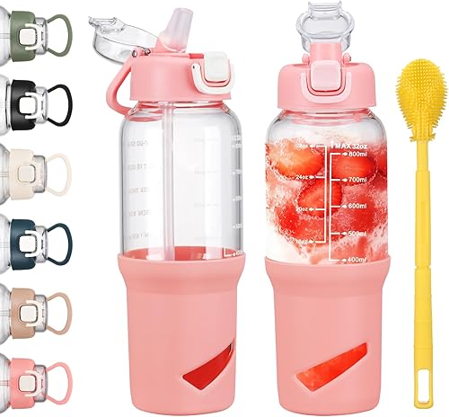 SIEROZUR Botellas de agua de vidrio de 32 onzas con 2 tapas, botellas agitadoras para mezclas de proteínas, vaso de vidrio a prueba de fugas y sin