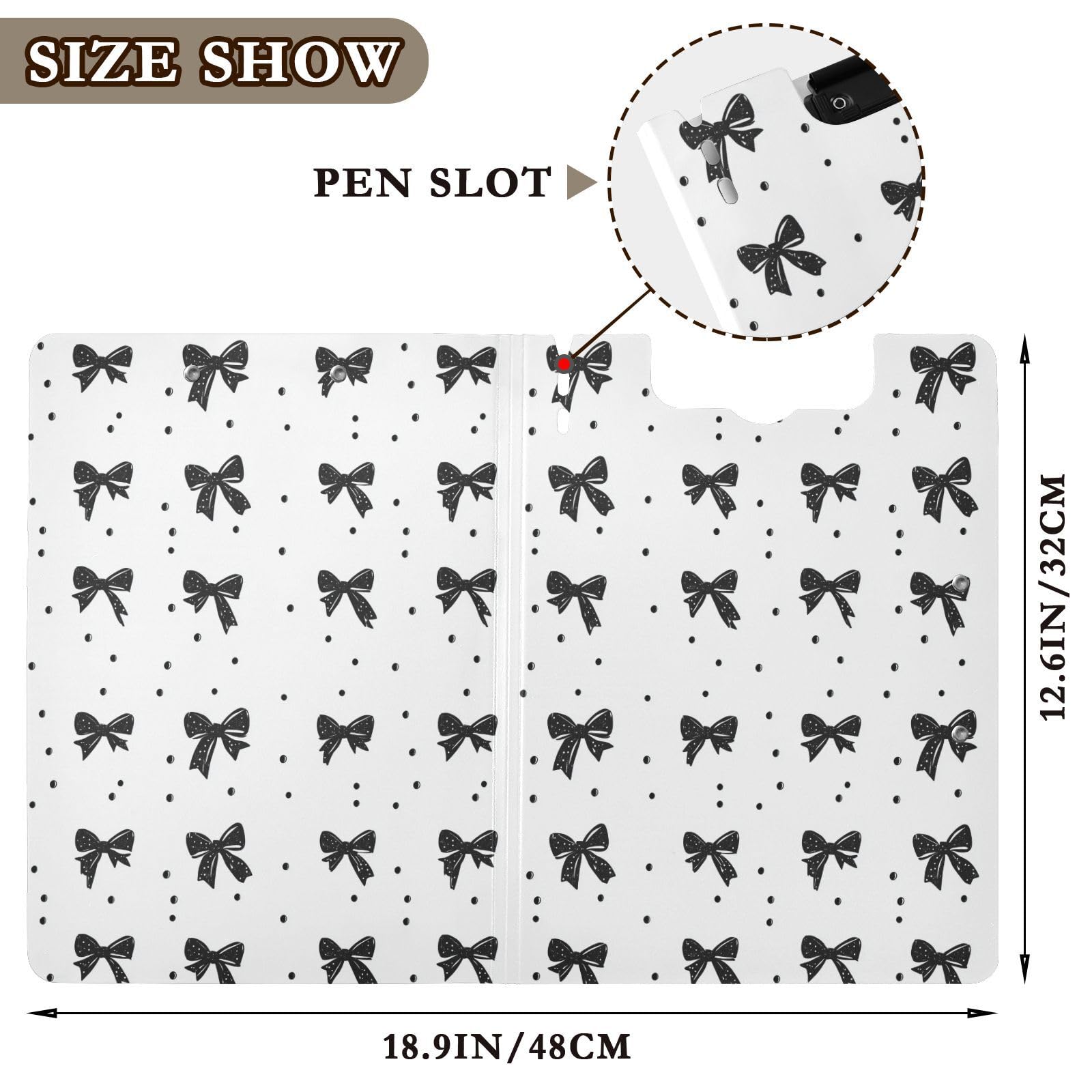 Cartella portablocco con fiocco nero bianco A4 pieghevole portablocco con doppia clip in metallo orizzontale e verticale con portapenne
