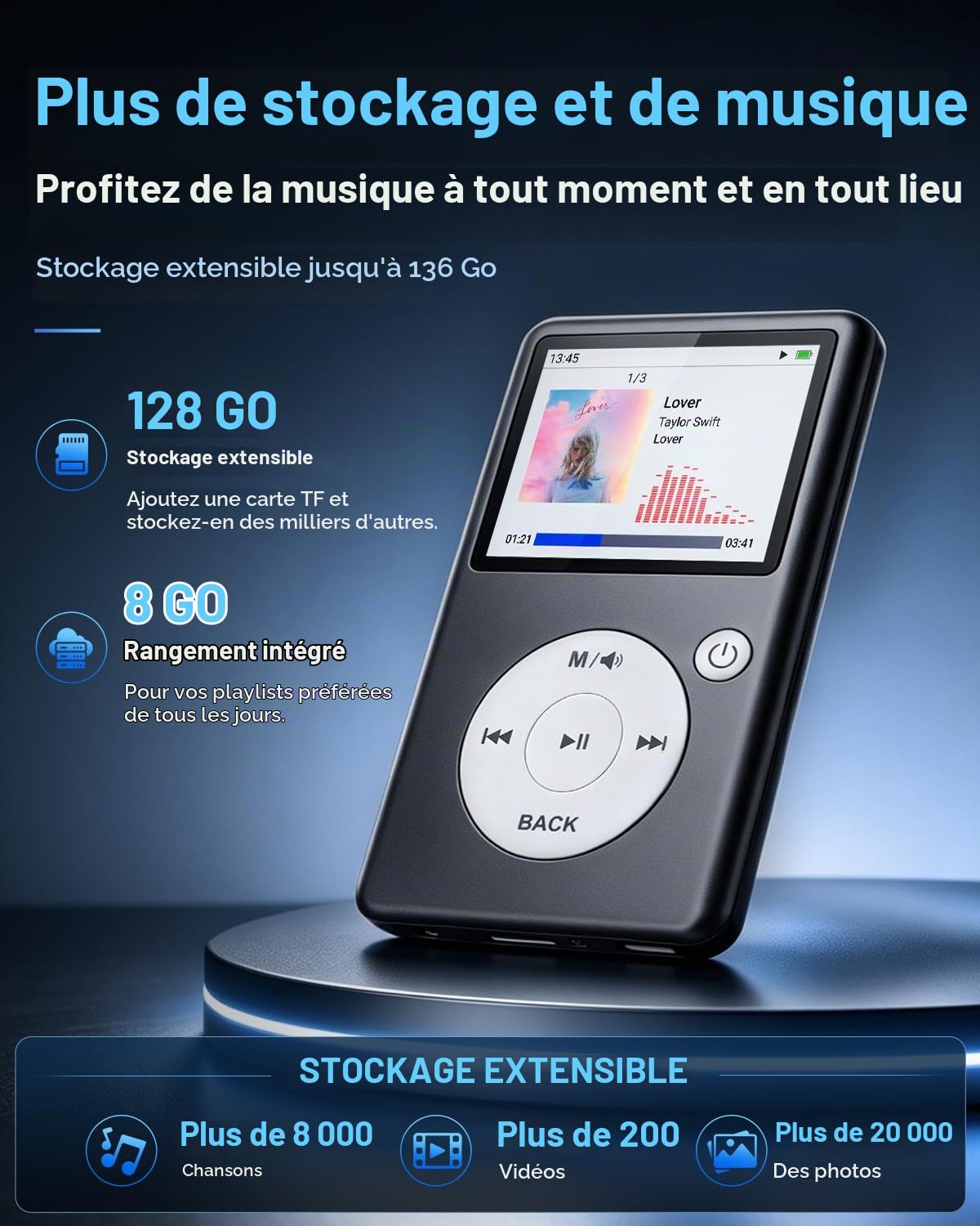 Lecteur MP3 Bluetooth 5.3 avec Radio FM, E-Book et Commandes tactiles