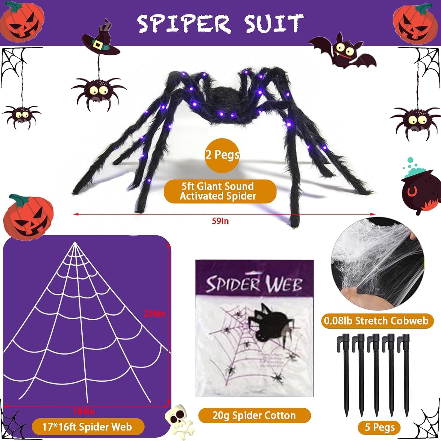 5フィートのジャイアントライトアップサウンドアクティベートトーキングハロウィンスパイダー、パープルライトと17&times;16フィートのクモの