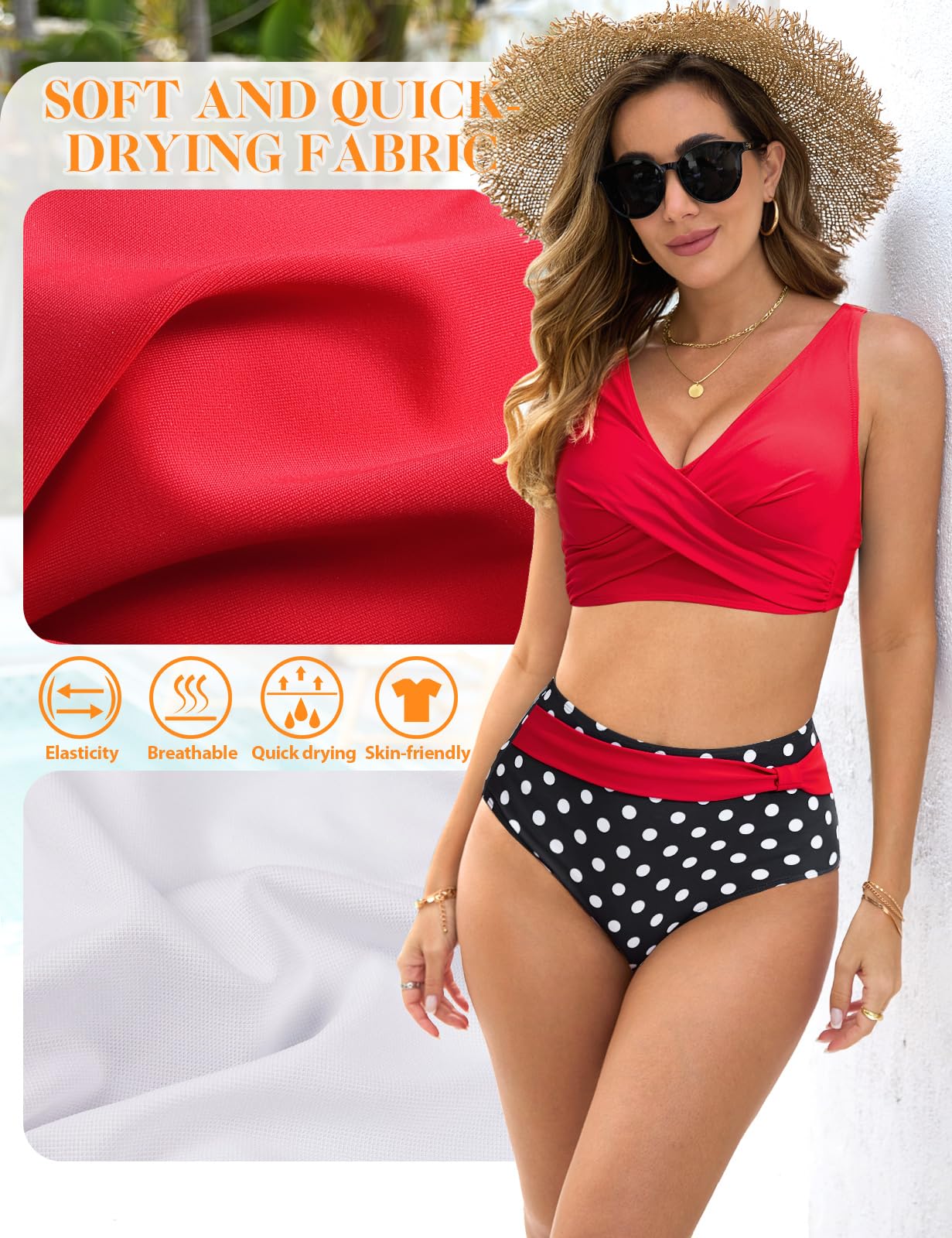 Nadeer Femme Maillots de Bain Deux pièces Taille Haute Élégant Col V Bikini Set Chic Vintage Push Up Ensemble