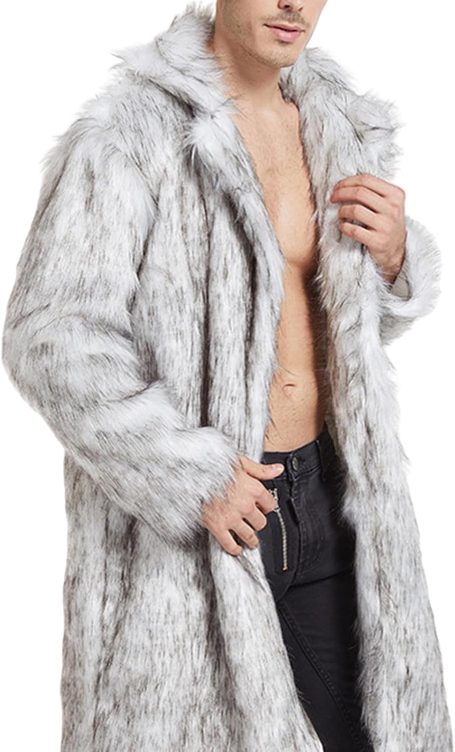 Men's Faux Fur Coat Open Front Cardigan Long Thicken Thermal Overcoats Lapel Fuzzy Fleece Jacket Outwear Coats Fashion