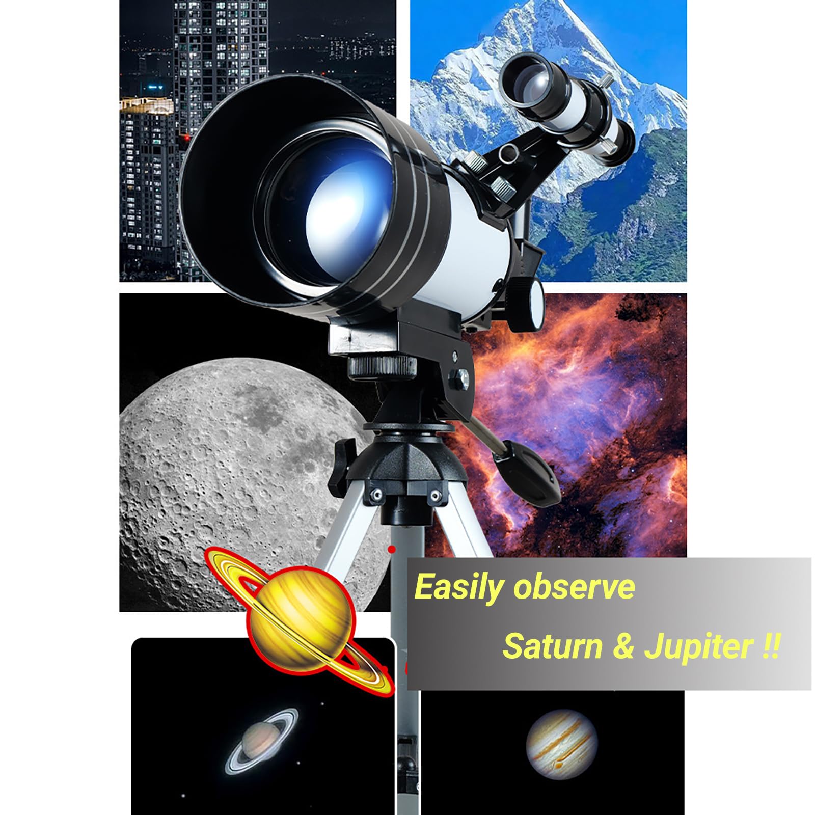 Telescopio Astronómico para Niños Adultos, 70mm Apertura 300mm Telescopio Refractor Portable, 15-150X, Alta Transmisión, con Trípode Ajustable y Soporte para Teléfono para Astronomía Principiantes