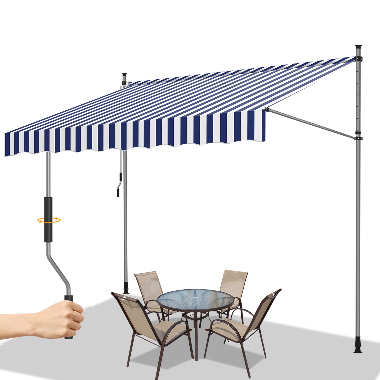 Gimisgu Klemluifel met handslinger voor balkon, 350 x 120 cm, balkonluifel zonder boren, in hoogte verstelbaar, luifel, intrekbaar voor balkon en tuin, uv-bestendig, zonwering, waterdicht, blauw-wit