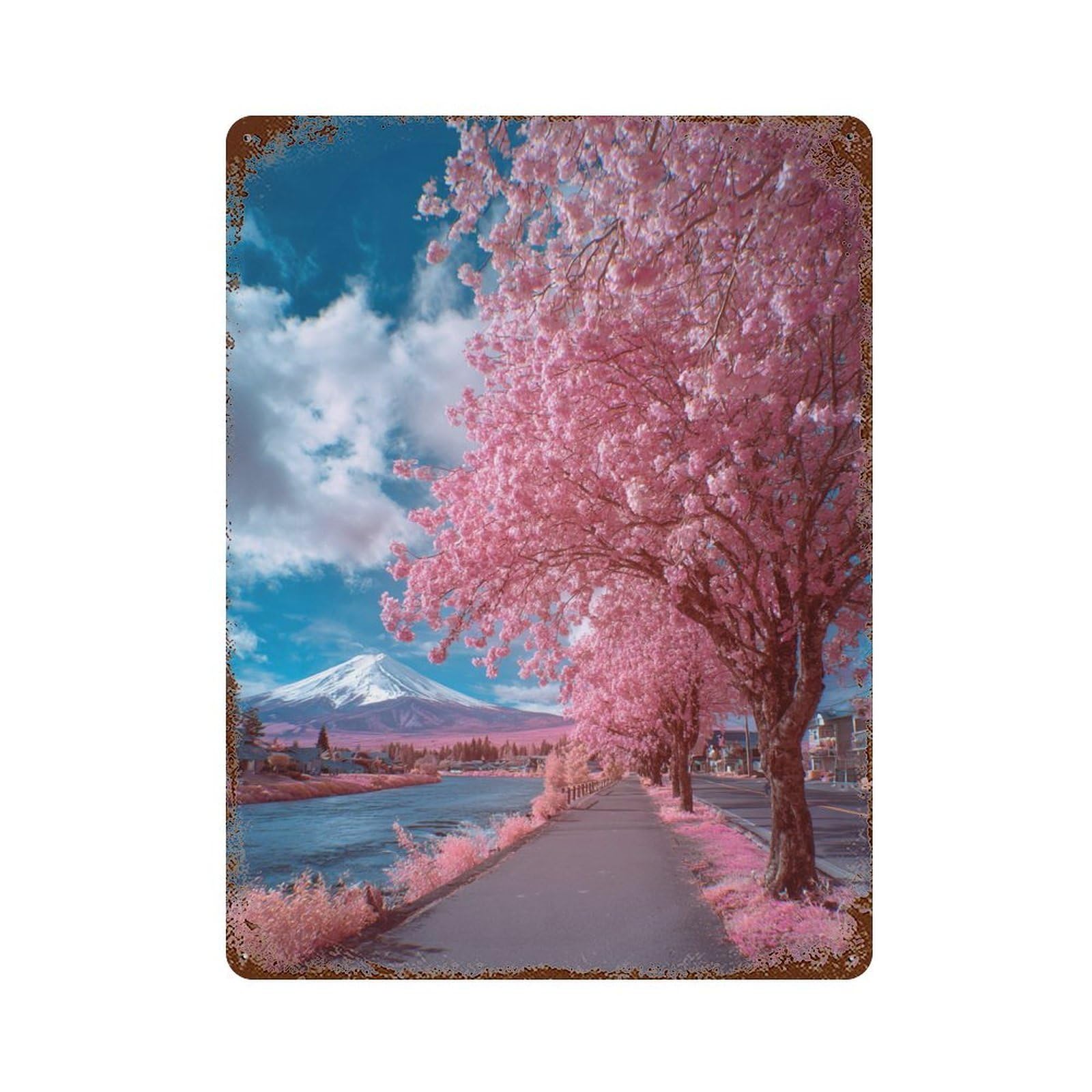 Cherry Blossom Pathway Scene Weathered Tin Sign 15.7"x11.8", Ideal for Patio, Garden Room And Bar Decor