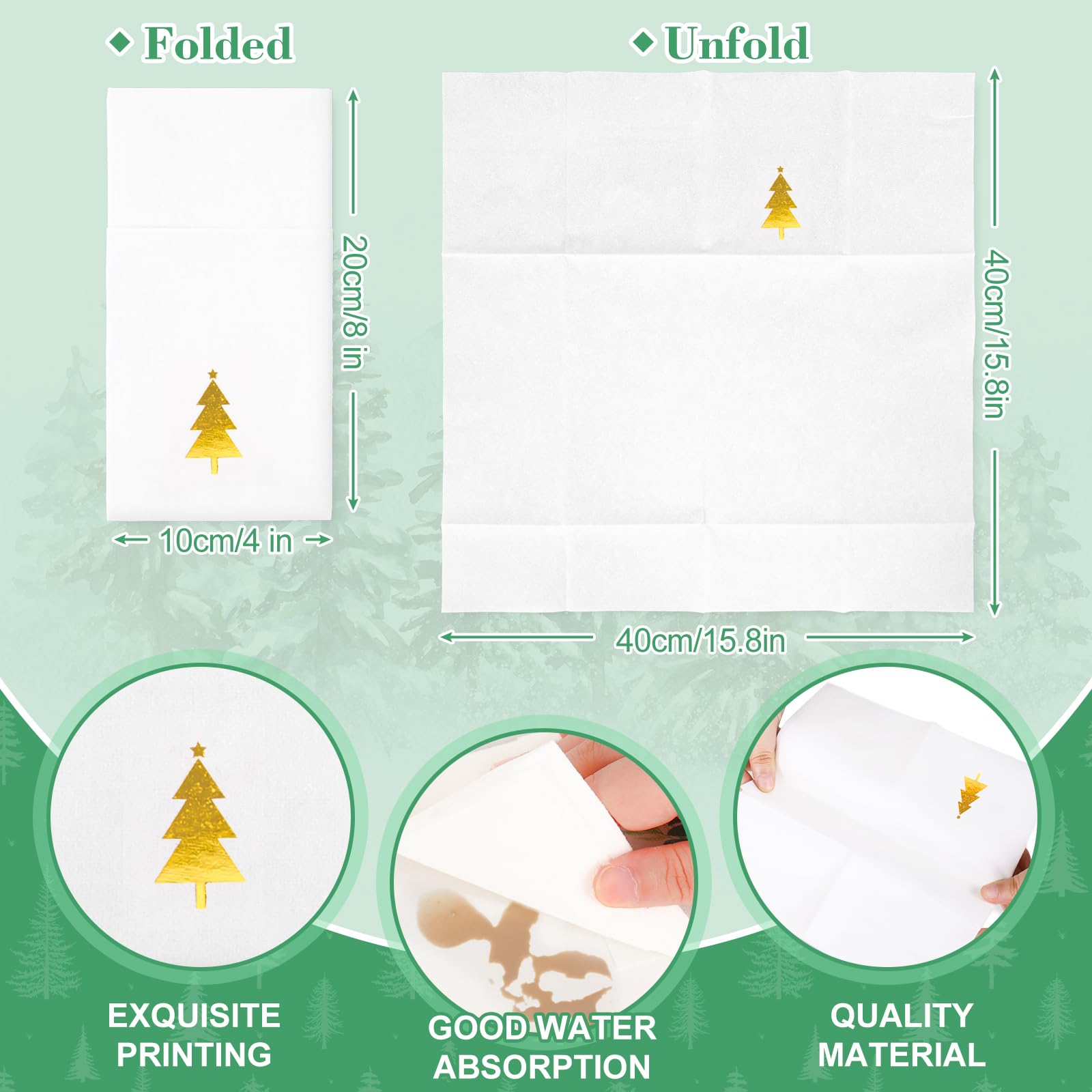Whaline Lot de 100 serviettes en papier jetables avec poche intégrée pour couverts Motif sapin de Noël Doré