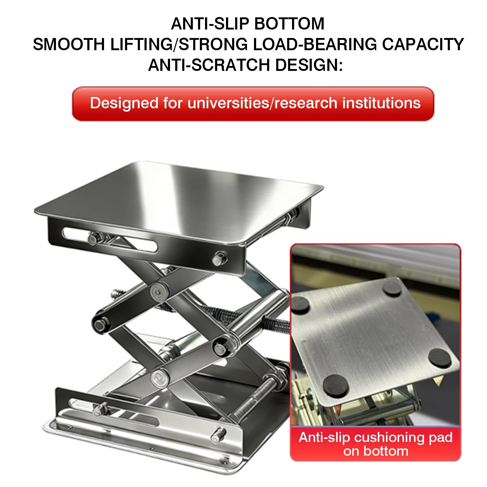 Soporte De Gato Laboratorio Acero Inoxidable, Plataforma Elevación Nivel | Con tapete antideslizante y manija giratoria, rango de elevación vertical 50-460 mm, capacidad de carga 5-25 kg(150x150mm)
