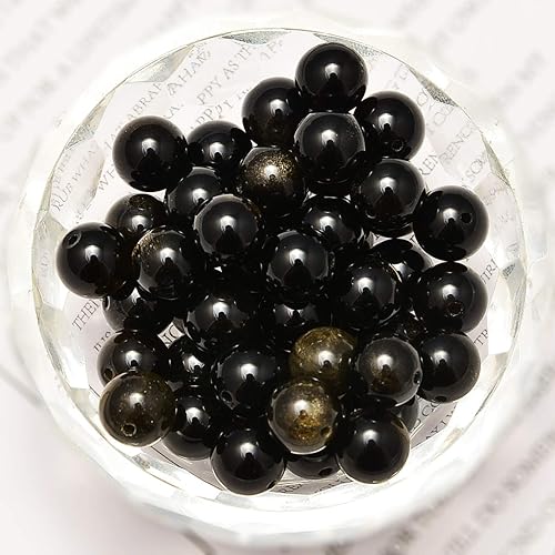 Miniatura 2 de NCB - 100 cuentas naturales de obsidiana negra y dorada de 0.32 pulgadas (8 mm), cuentas semipreciosas naturales, redondas y suaves con espaciador