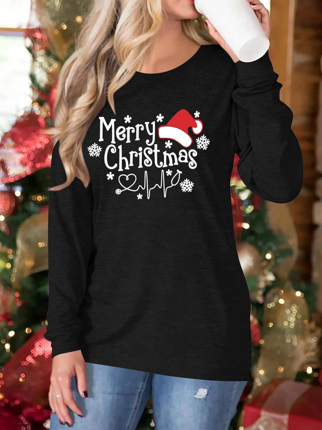 Christmas T-Shirt for Women Long Sleeve Round Neck Xmas Holiday Shirts Casual Basic Tunic Tops - Image 3