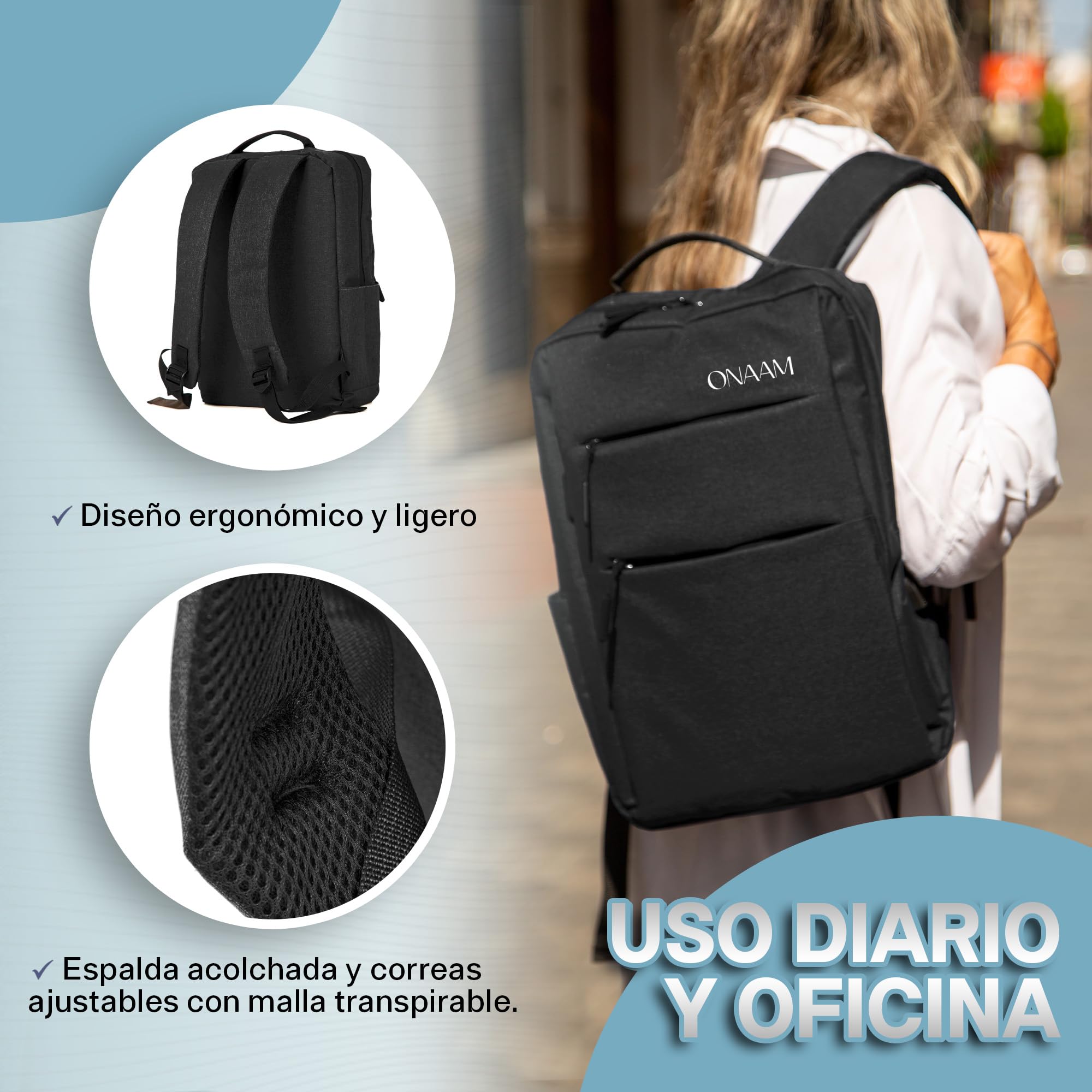 ONAAM Mochila Portatil 15,6" Ligera 0,5kg para Trabajo y Oficina Hombre Mujer, Mochila Ordenador Impermeable con Puerto USB y Estuche Portacables, Viaje Universidad Elegante Negro