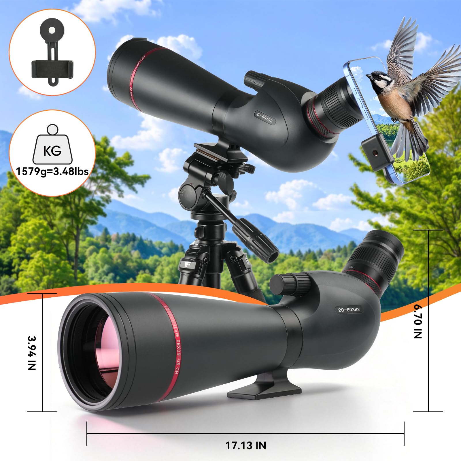 Condition photo showing New/Like New for 20-60x82 spotting scopes, spotter scope with upgraded 27mm eyepiece and 63in tripod phone adapter, bak4 ipx7 waterproof spotting scope for bird watching target shooting black