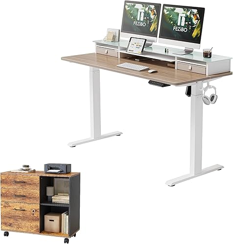 FEZIBO Electric Standing Desk with Glass Top Monitor Stand,48 x 26 Inch with File Cabinet