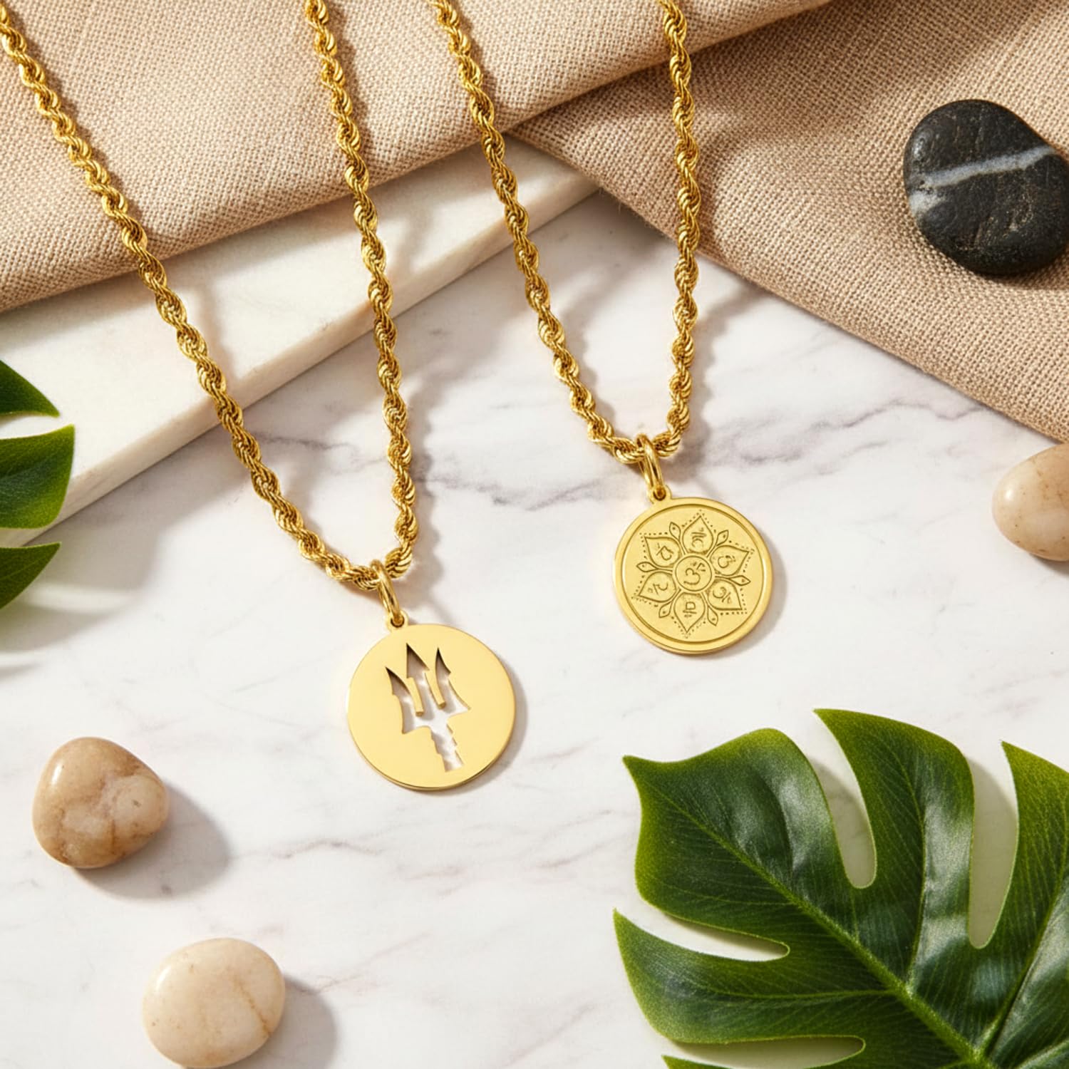 Trident Om-Lotus-Anhänger-Halsketten-Set, 2 Stück, vergoldet, 925er Sterlingsilber, Münzmedaillon, spirituelles Yoga, Hindu-Symbol, Schmuck, Damen und Herren