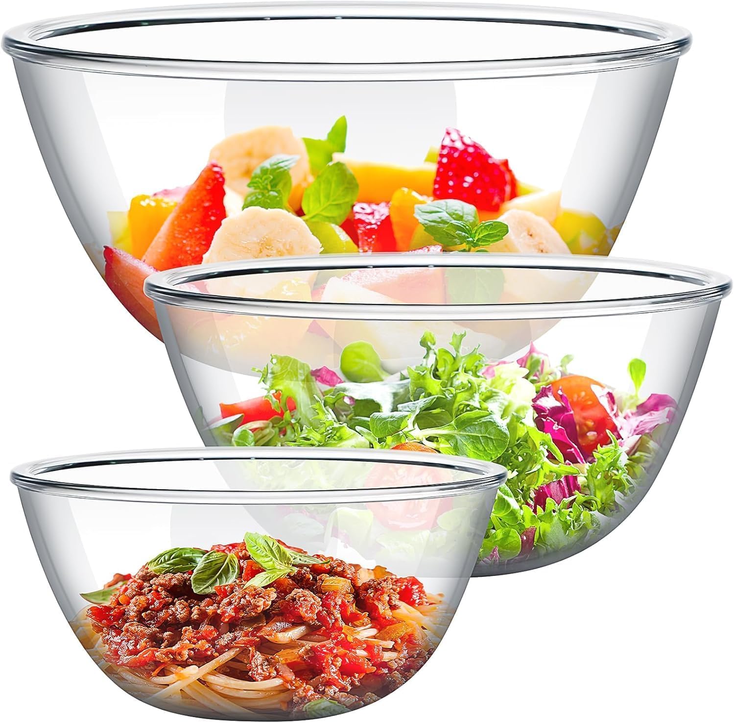 Lot de 3 Bols Mélangeurs en Verre, Saladiers Empilables en Verre Borosilicate pour Conservation des Aliments, Pâtisserie et Préparation, Compatibles Micro-ondes et Lave-vaisselle (0,95 L, 2,4 L, 4 L)