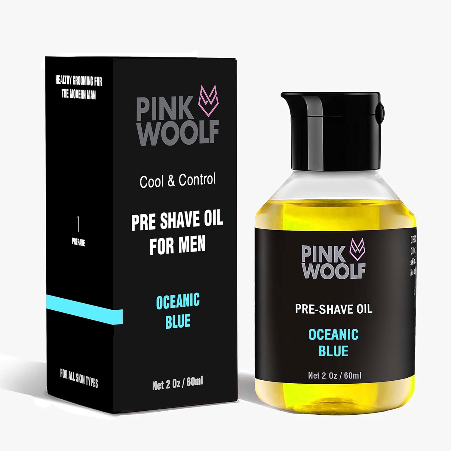 Pink Woolf Oceanic Blue Pre-Shave Oil for Men – Reduces Razor Burn & Shaving Irritation, Improves Razor Glide, Fresh Aquatic Fragrance, Suitable for All Skin Types, 60 ml