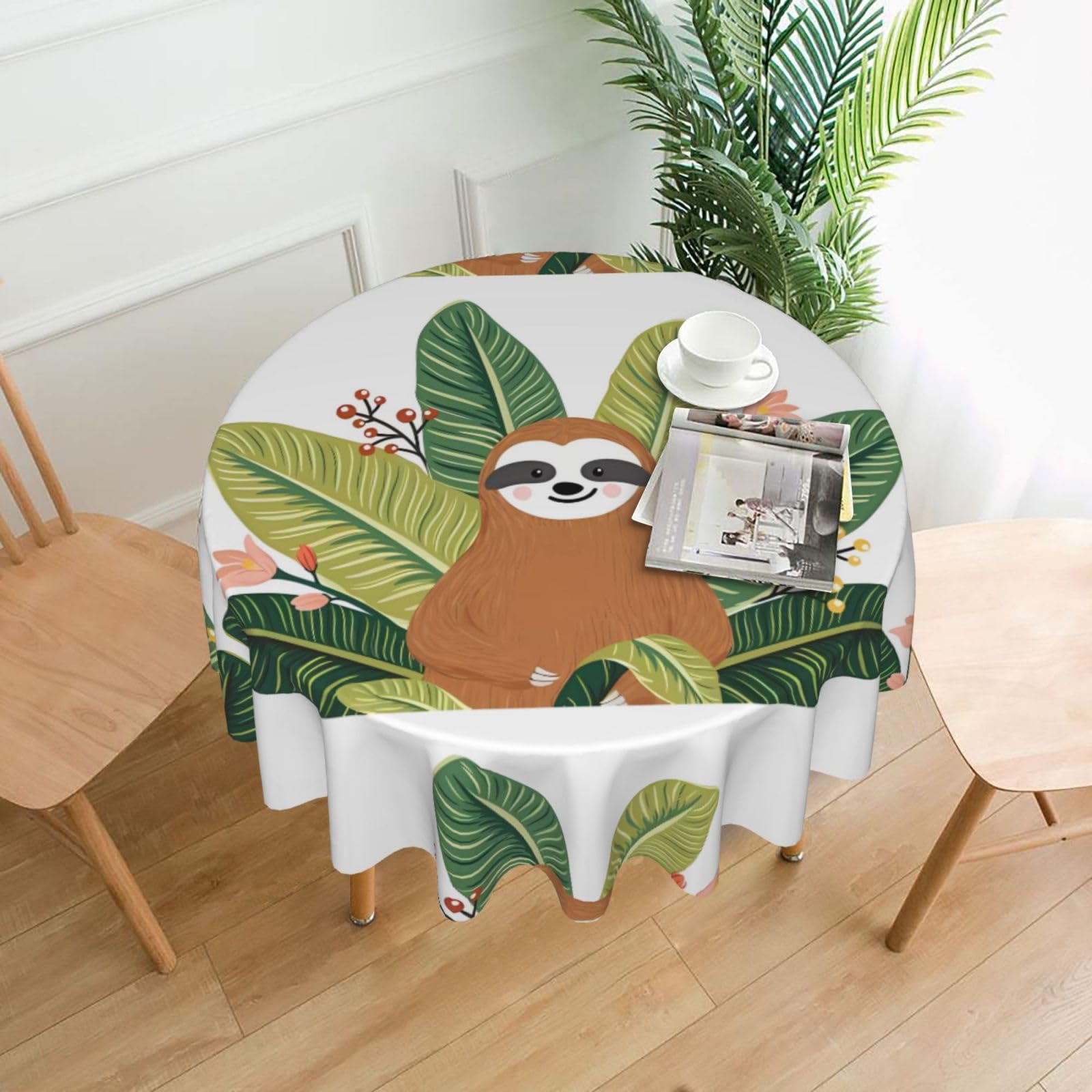 HJFCZH Cute sloth & Leaves Prints Round Decorative Tablecloth 60in - High-Grade Polyester Throw for Dinners, Weddings & Everyday Use