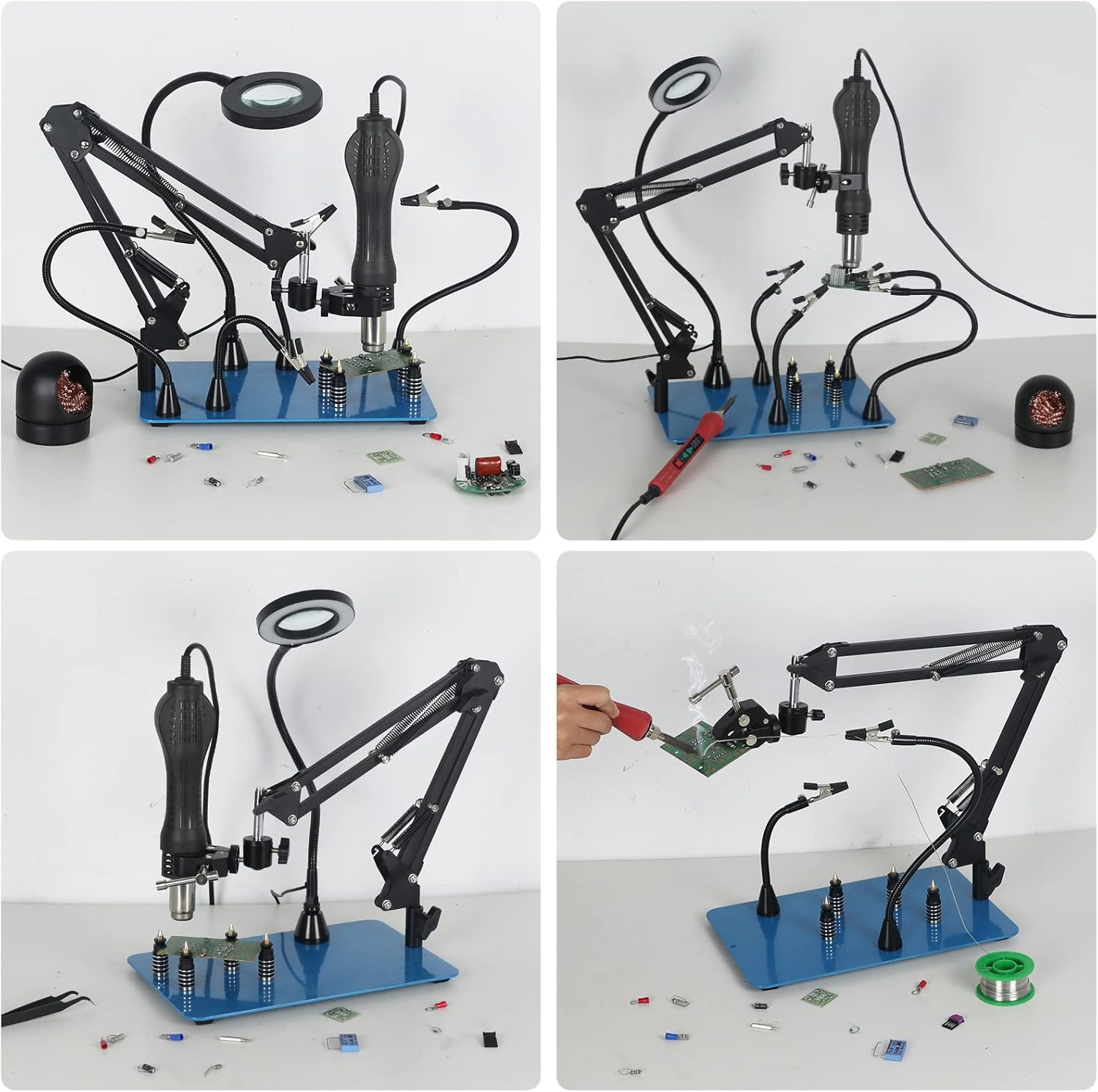 Toolour Magnetic Helping Hands Soldering Clamp 2-in-1 Third Hand Work Station w/Magic Arm,PCB Solder Arms Tools,360° Hot Air Gun Holder,3X Magnifier Lamp for Electronics Welding Repair