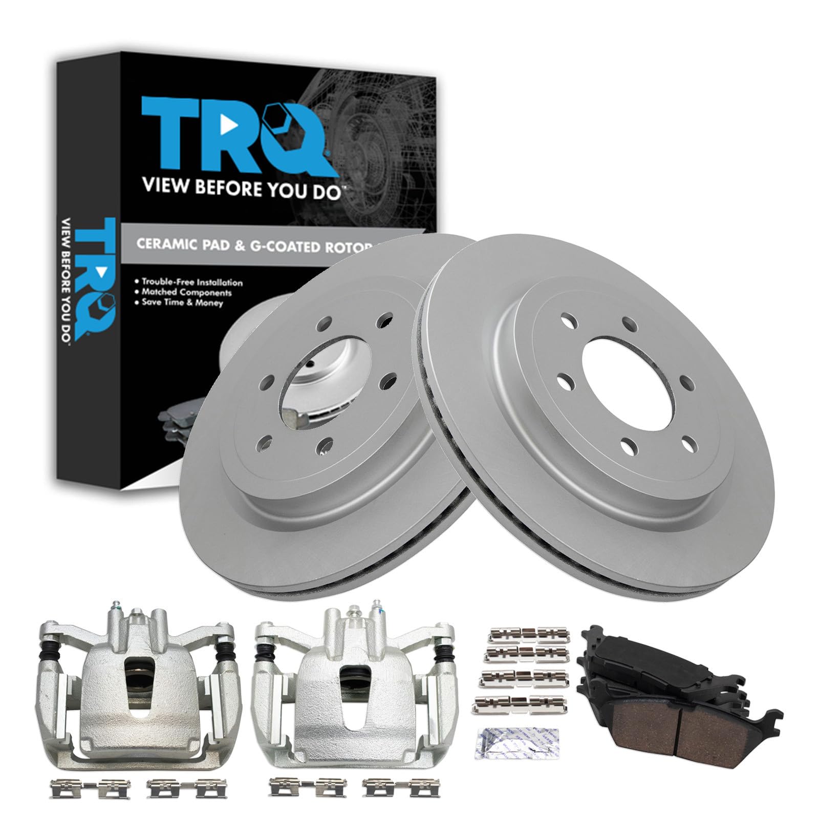 TRQ Rear Brake Pad and Rotor Set Ceramic G Coated Rotors Calipers Compatible with 2018 Ford F-150