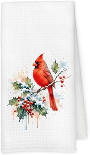 Vintage Red Cardinal Bird Christmas Kitchen Hand Dish Towels | Cardinal Gifts for Women, Rustic Winter Xmas Bird Decorative Hand Tea Dish Towel for Bathroom Kitchen Decor, 16x24 Inch